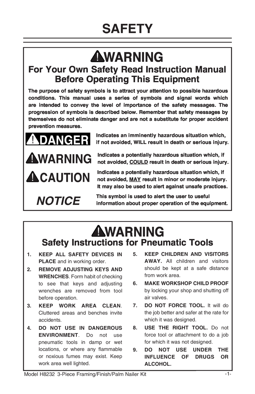 Grizzly H8232 owner manual For Your Own Safety Read Instruction Manual, Before Operating This Equipment 