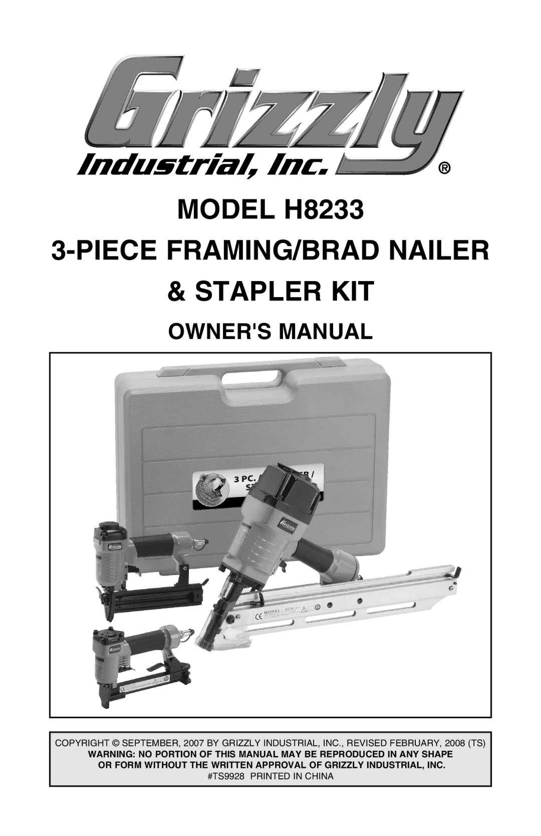 Grizzly owner manual Model H8233 Piece FRAMING/BRAD Nailer Stapler KIT 