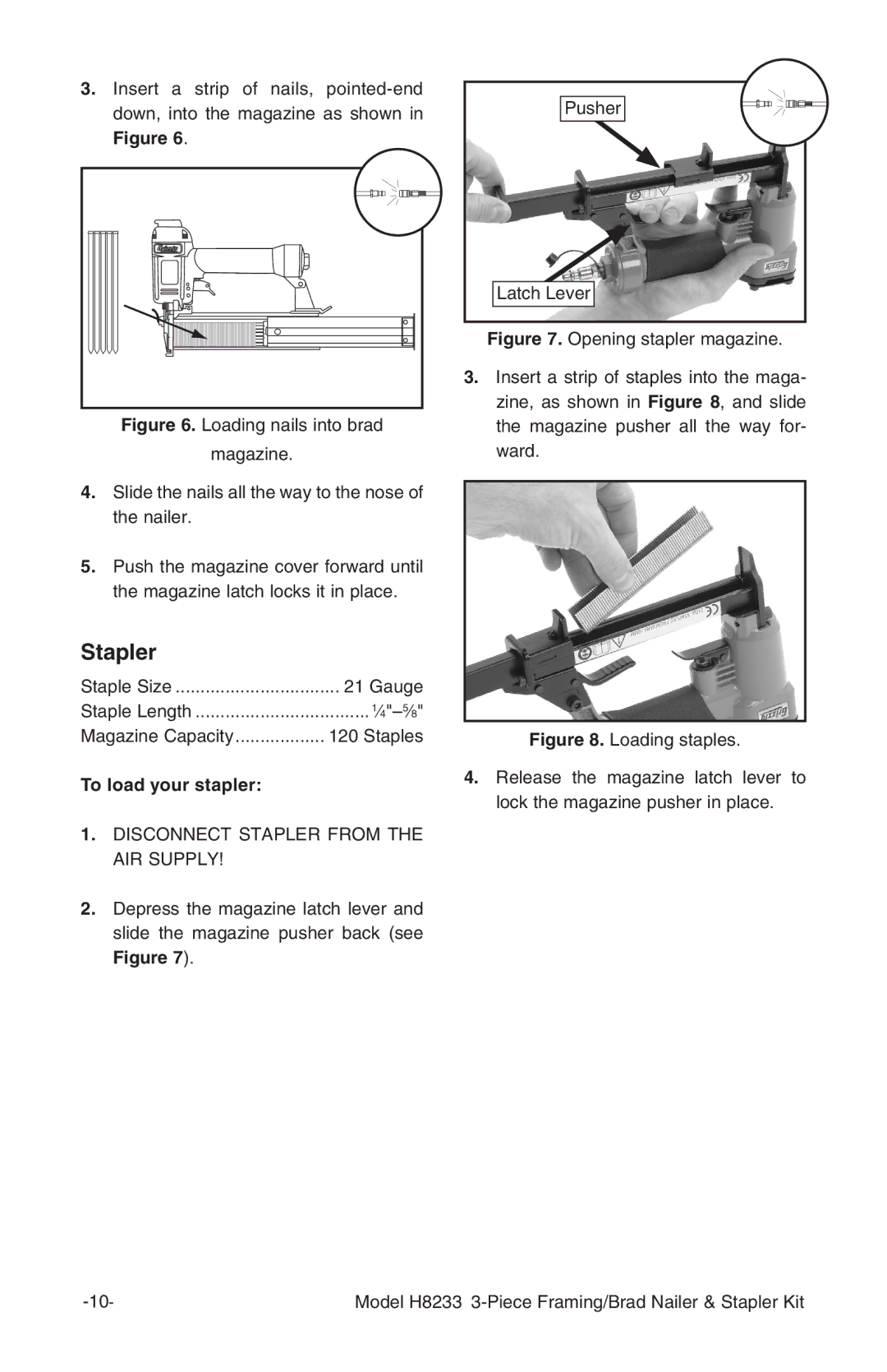 Grizzly H8233 owner manual To load your stapler, Disconnect Stapler from the AIR Supply 