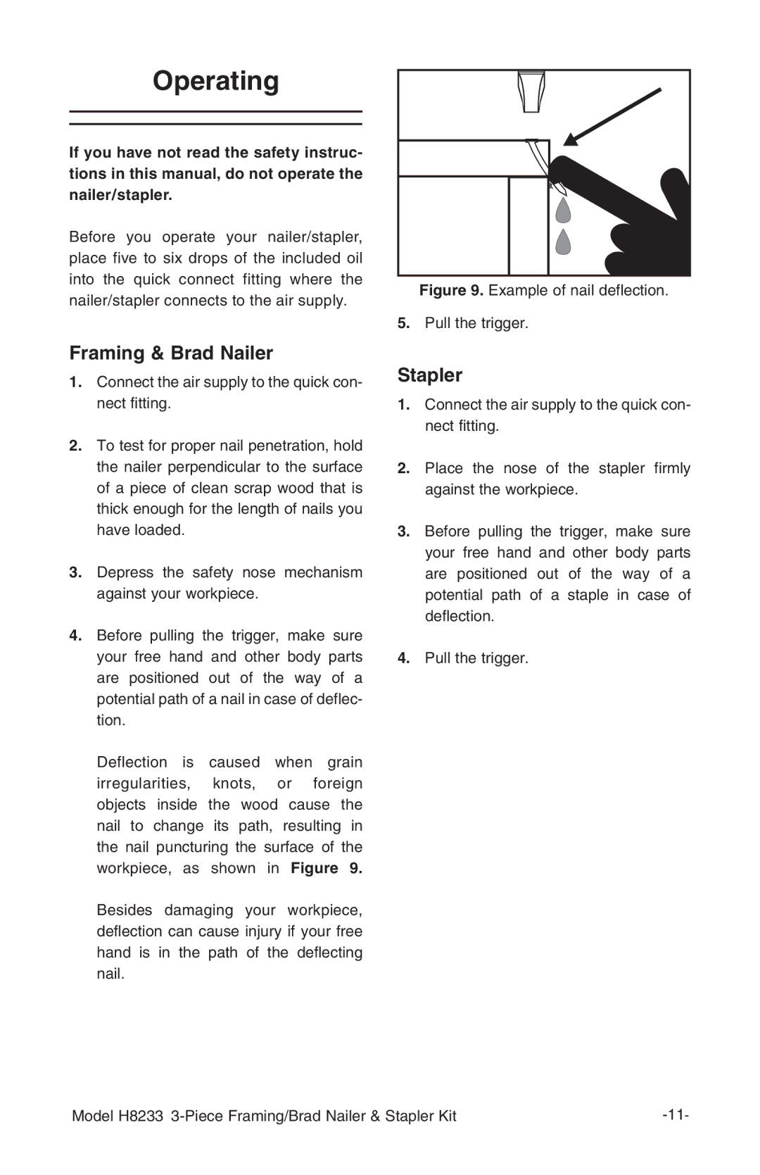 Grizzly H8233 owner manual Operating, Framing & Brad Nailer 