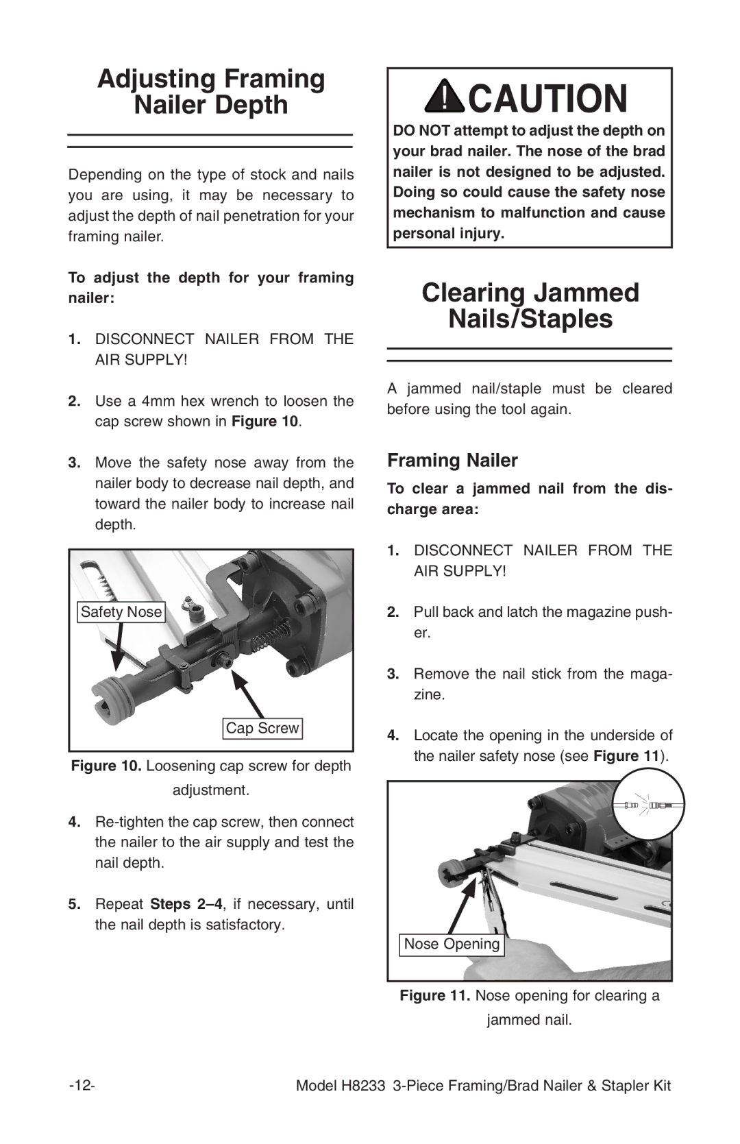 Grizzly H8233 Adjusting Framing Nailer Depth, Clearing Jammed Nails/Staples, To adjust the depth for your framing nailer 