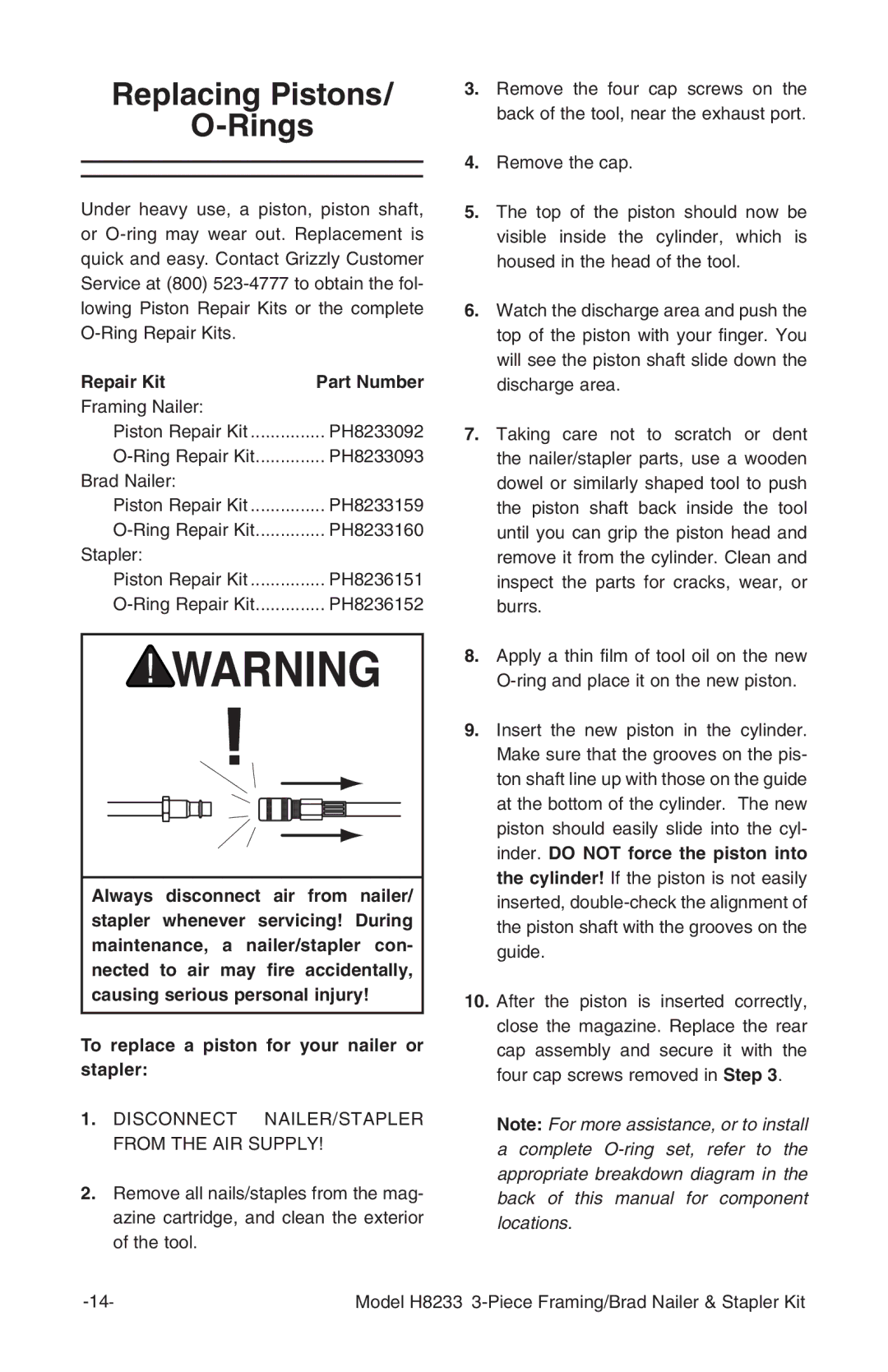 Grizzly H8233 owner manual Replacing Pistons Rings, Repair Kit 