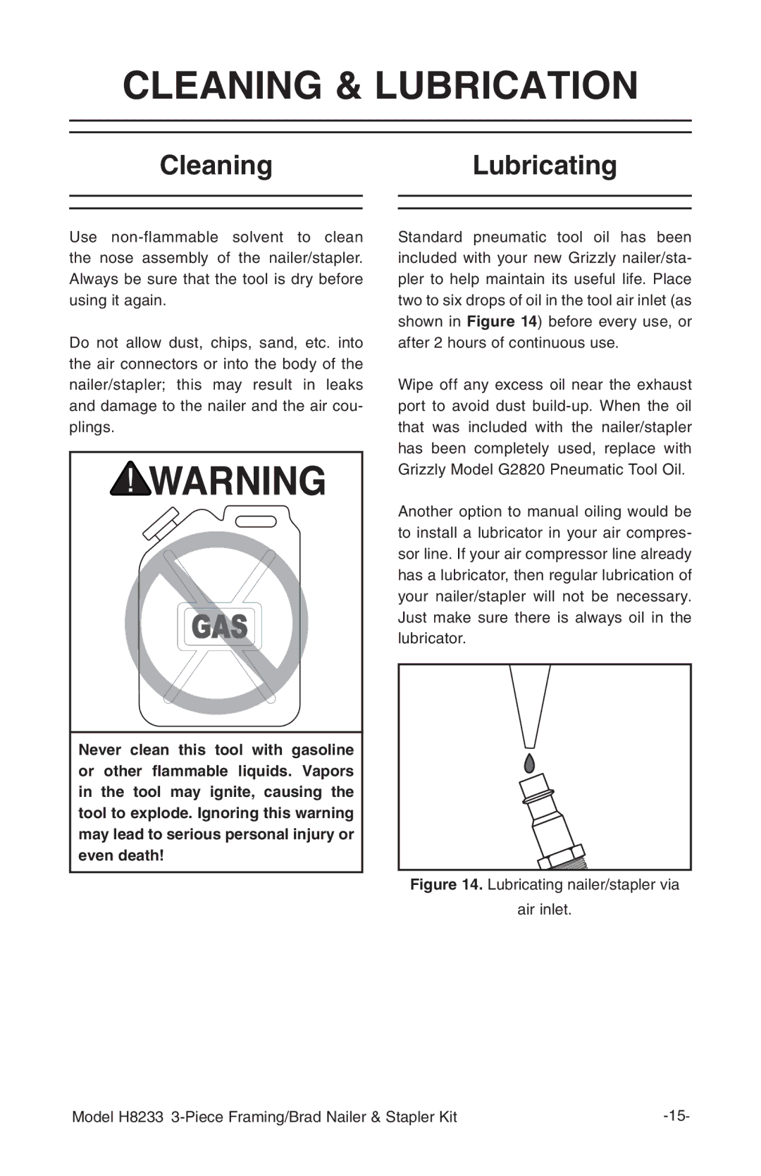 Grizzly H8233 owner manual Cleaning & Lubrication, CleaningLubricating 