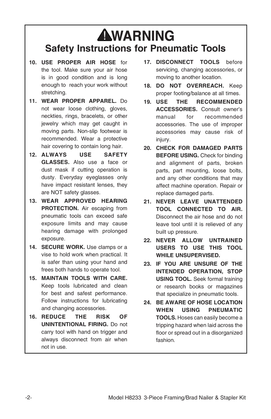 Grizzly H8233 owner manual Safety Instructions for Pneumatic Tools 