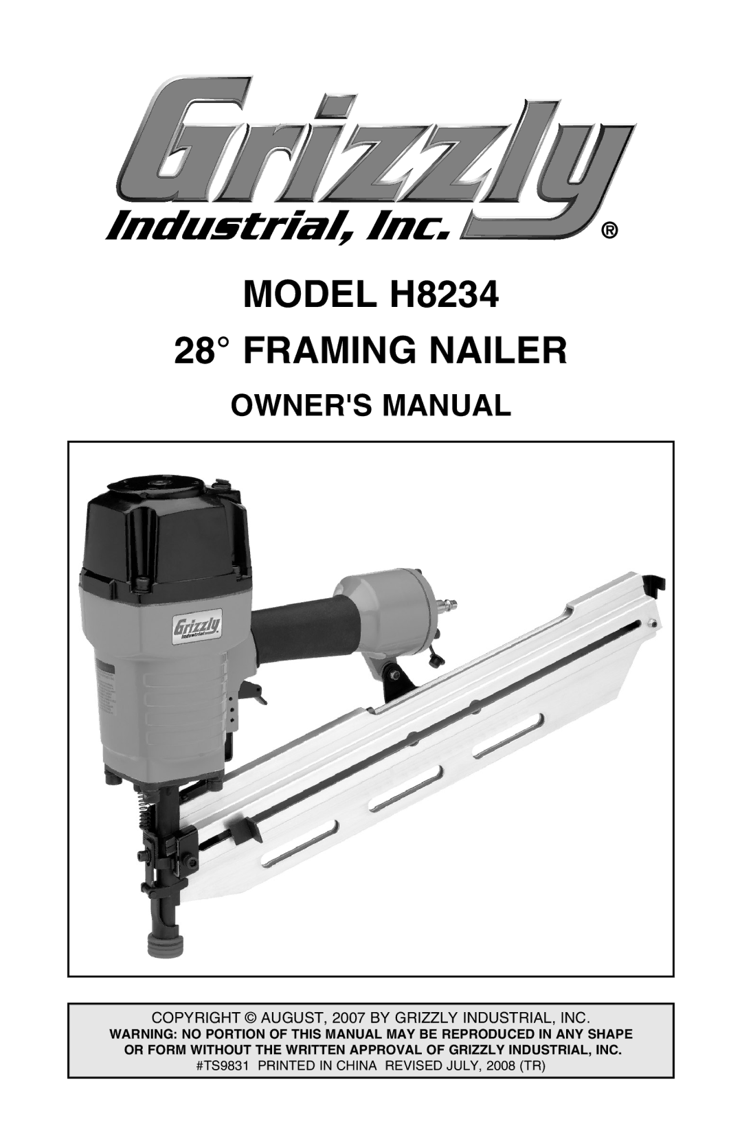 Grizzly h8234 owner manual Model H8234, Framing nailer 