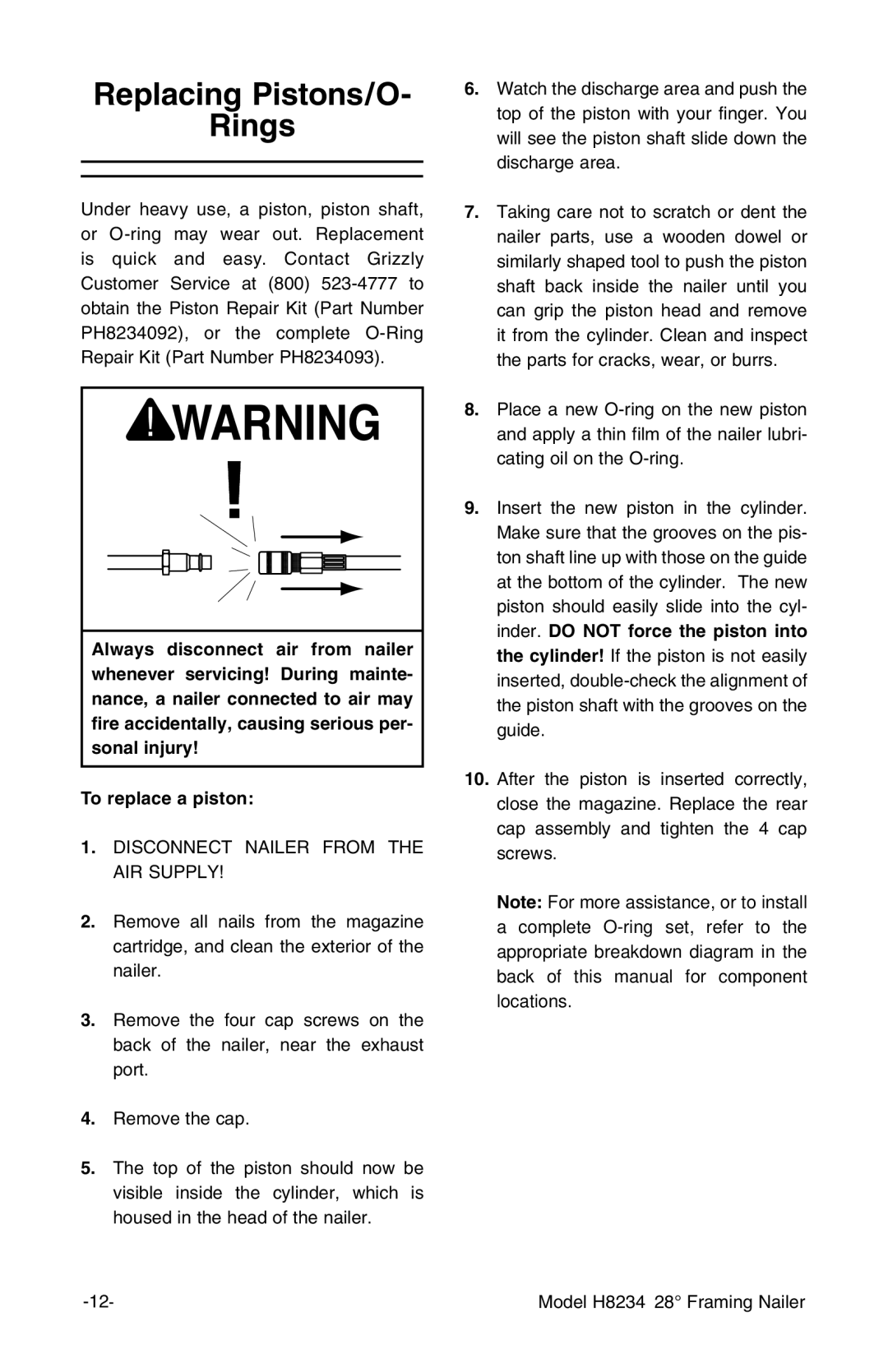 Grizzly h8234 owner manual Replacing Pistons/O Rings 