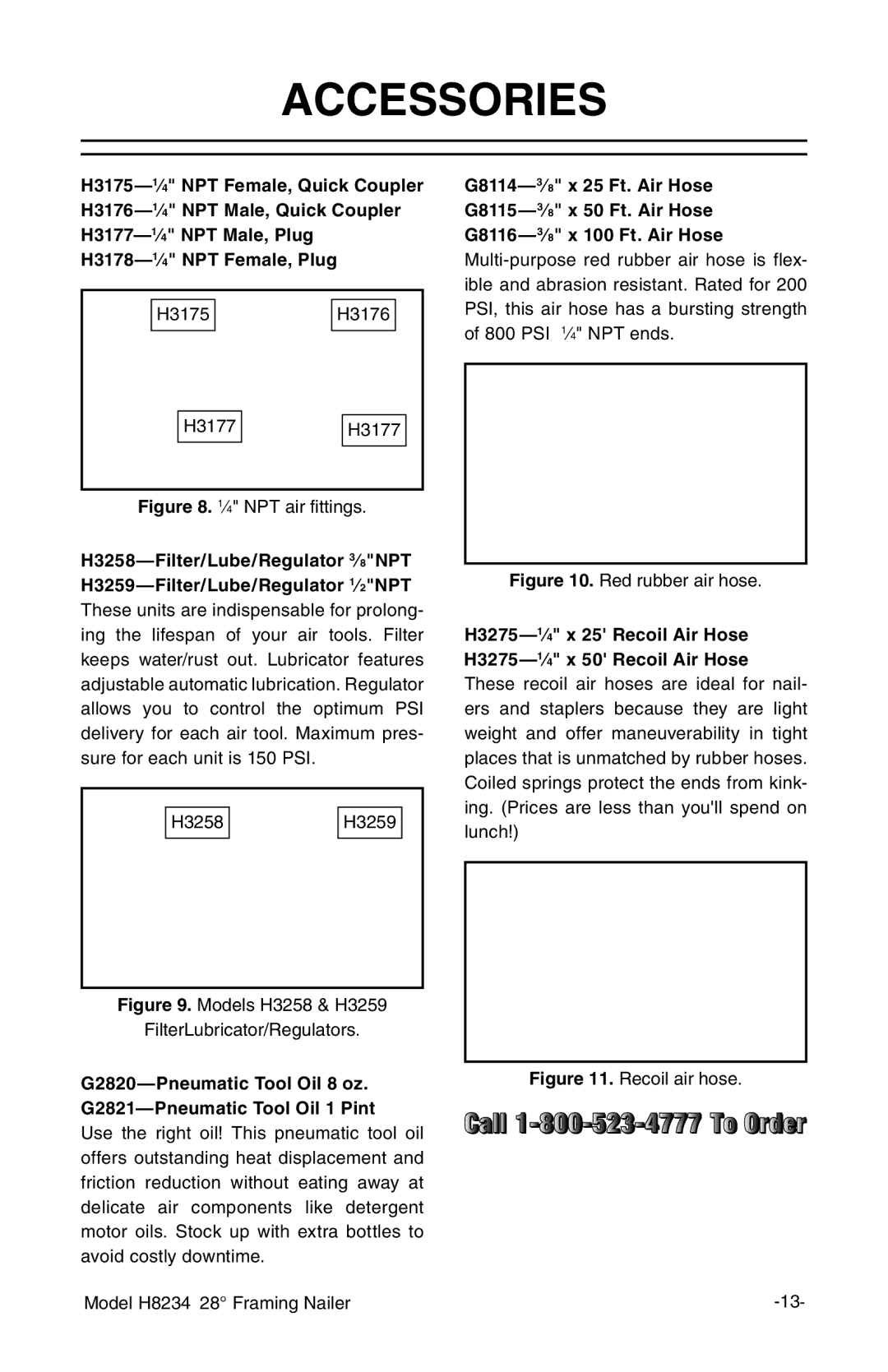 Grizzly h8234 owner manual Accessories, ⁄4 NPT air fittings 