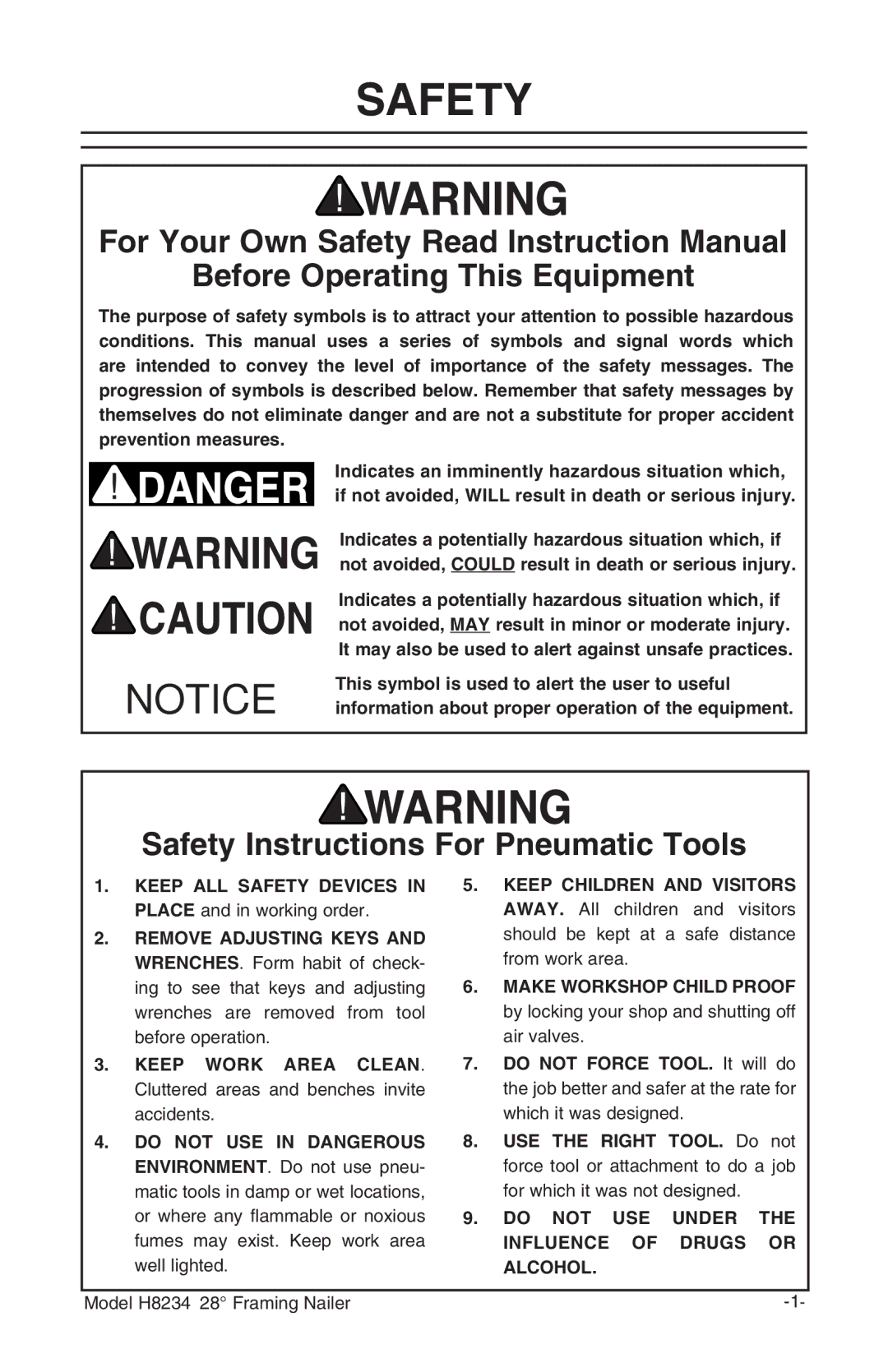 Grizzly h8234 owner manual Before Operating This Equipment, Safety Instructions For Pneumatic Tools 