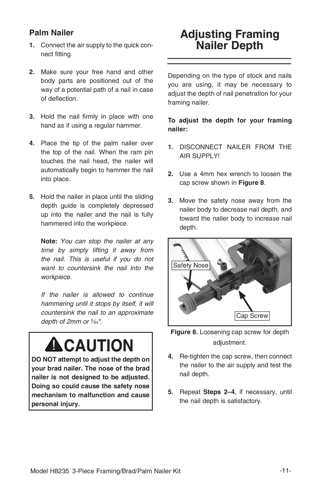 Grizzly H8235 owner manual Adjusting Framing Nailer Depth, To adjust the depth for your framing nailer 