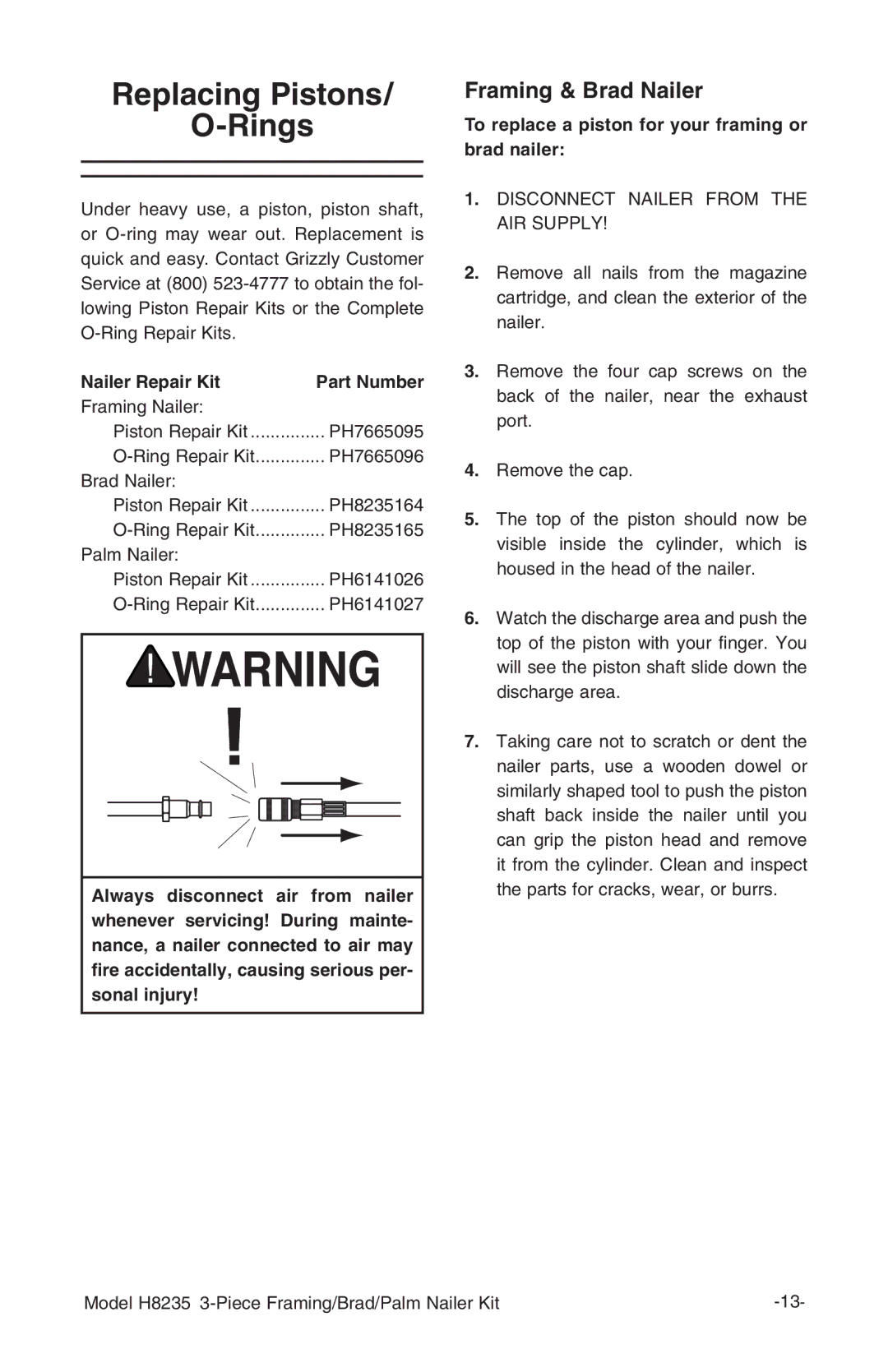 Grizzly H8235 owner manual Replacing Pistons Rings, Nailer Repair Kit, To replace a piston for your framing or brad nailer 