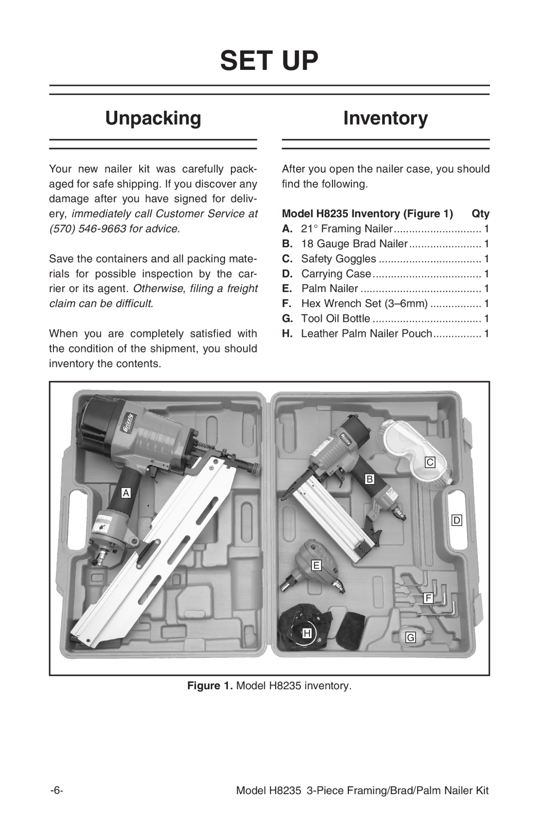 Grizzly owner manual Set Up, UnpackingInventory, Model H8235 Inventory Figure Qty 