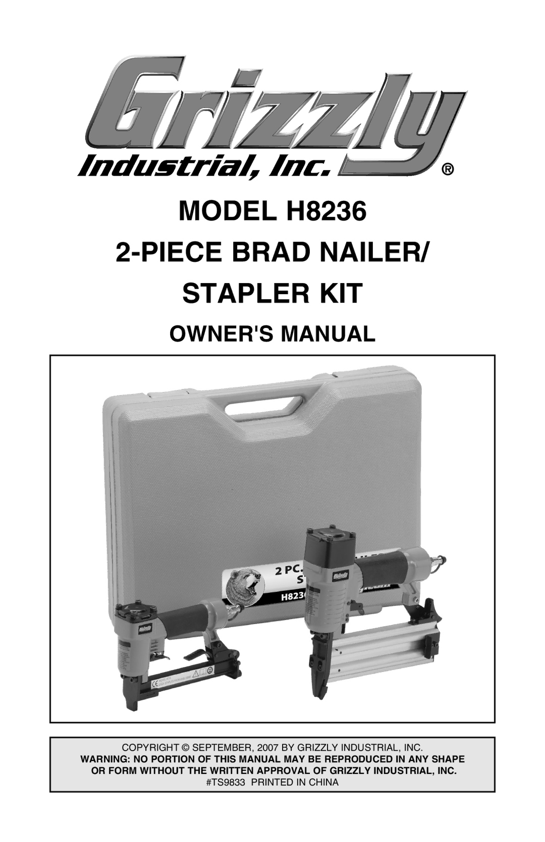 Grizzly owner manual Model H8236 Piece Brad Nailer Stapler KIT 