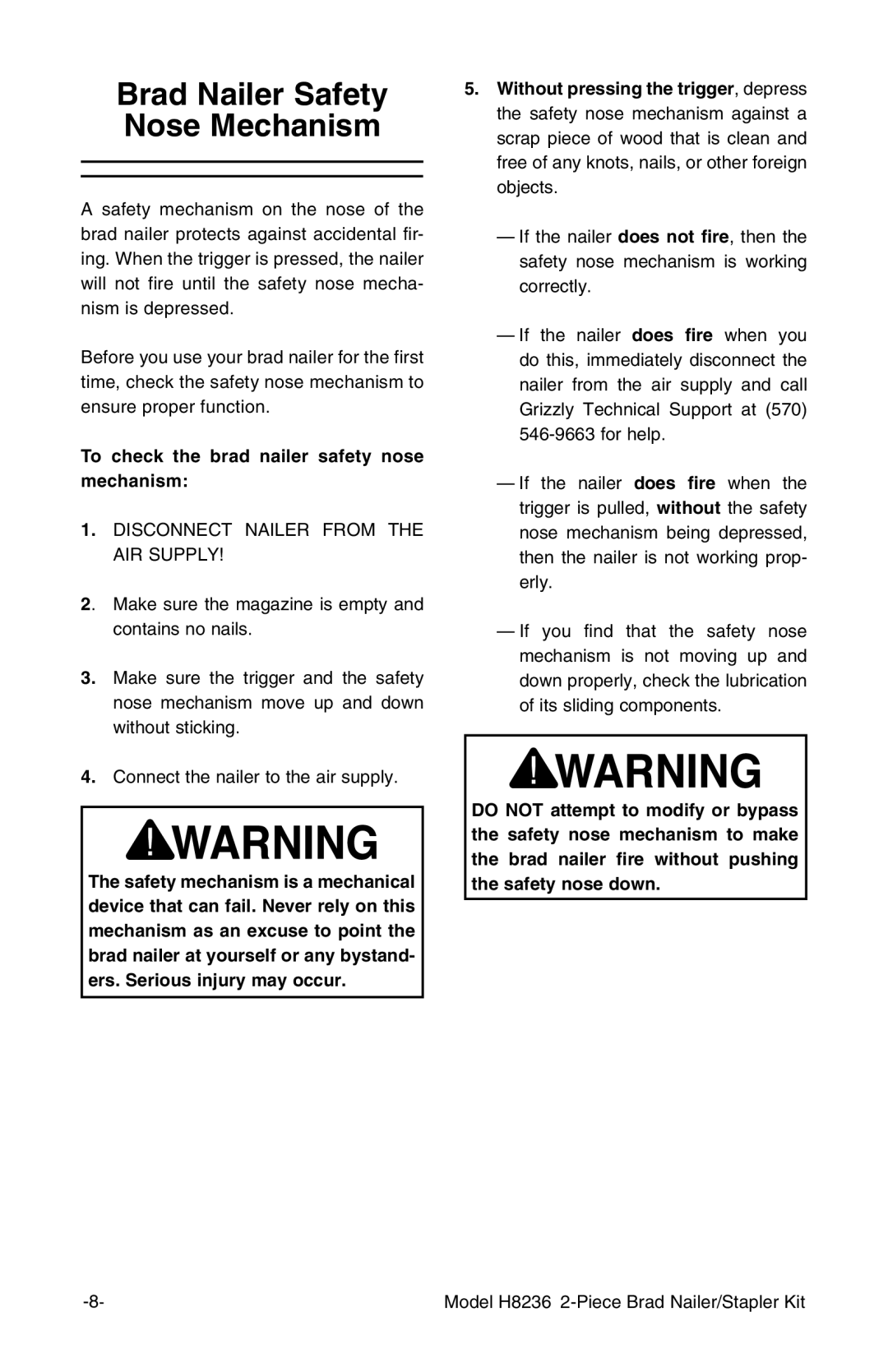 Grizzly H8236 owner manual Brad Nailer Safety Nose Mechanism, To check the brad nailer safety nose mechanism 