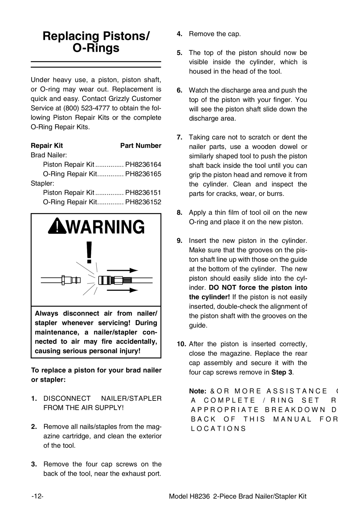 Grizzly H8236 owner manual Replacing Pistons Rings, Repair Kit 