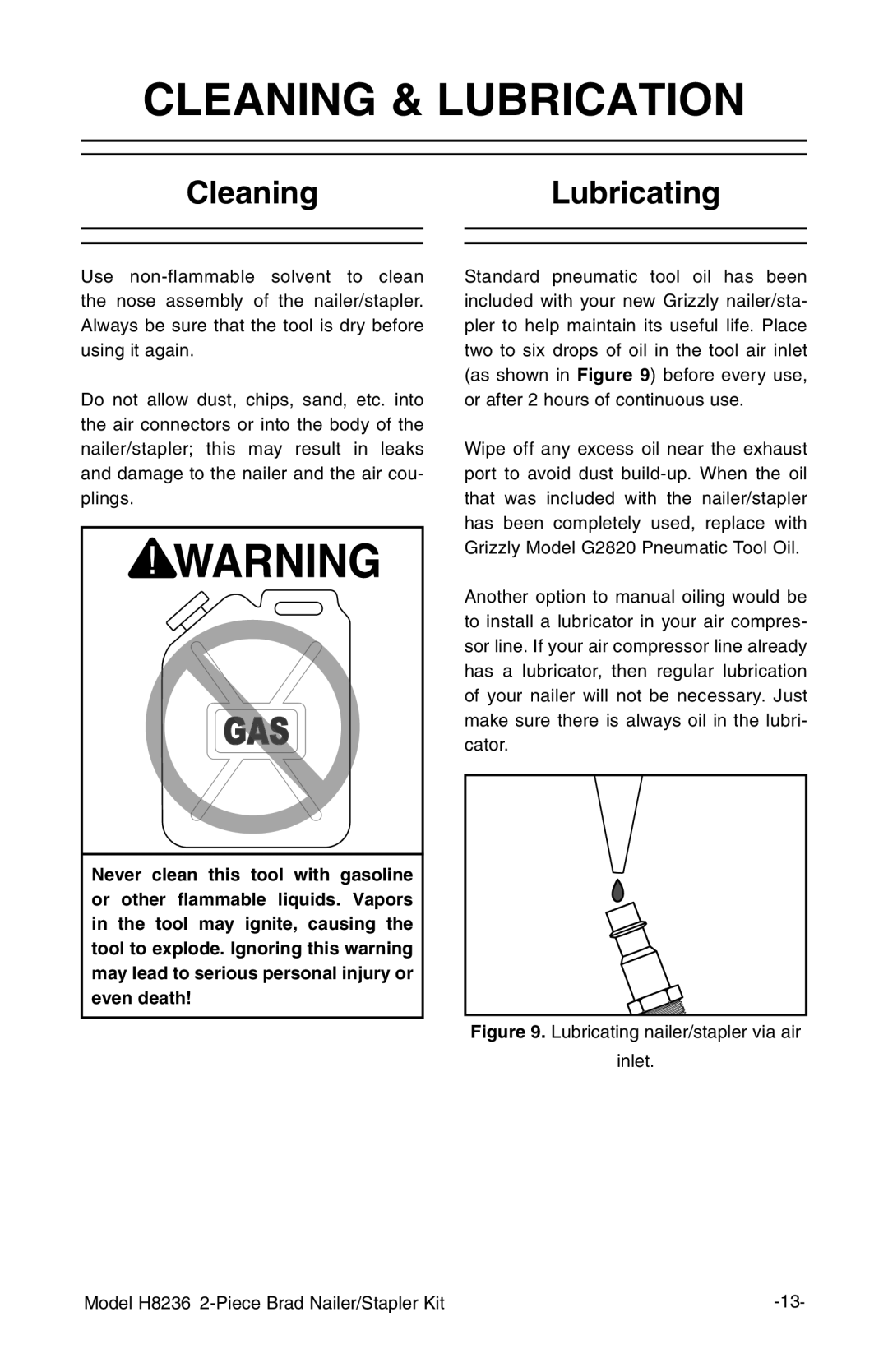 Grizzly H8236 owner manual Cleaning & Lubrication, CleaningLubricating 