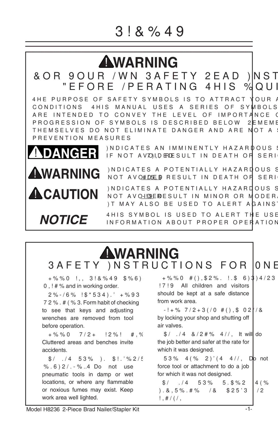 Grizzly H8236 owner manual Before Operating This Equipment, Safety Instructions for Pneumatic Tools 