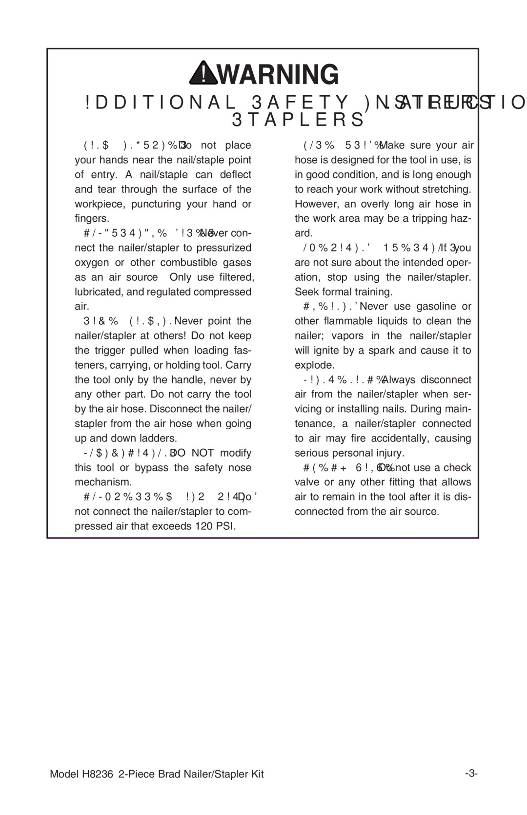 Grizzly H8236 owner manual Additional Safety Instructions for Nailers Staplers 