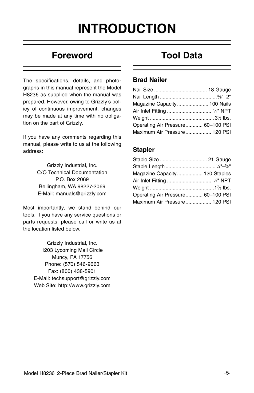 Grizzly H8236 owner manual Introduction, Foreword Tool Data 