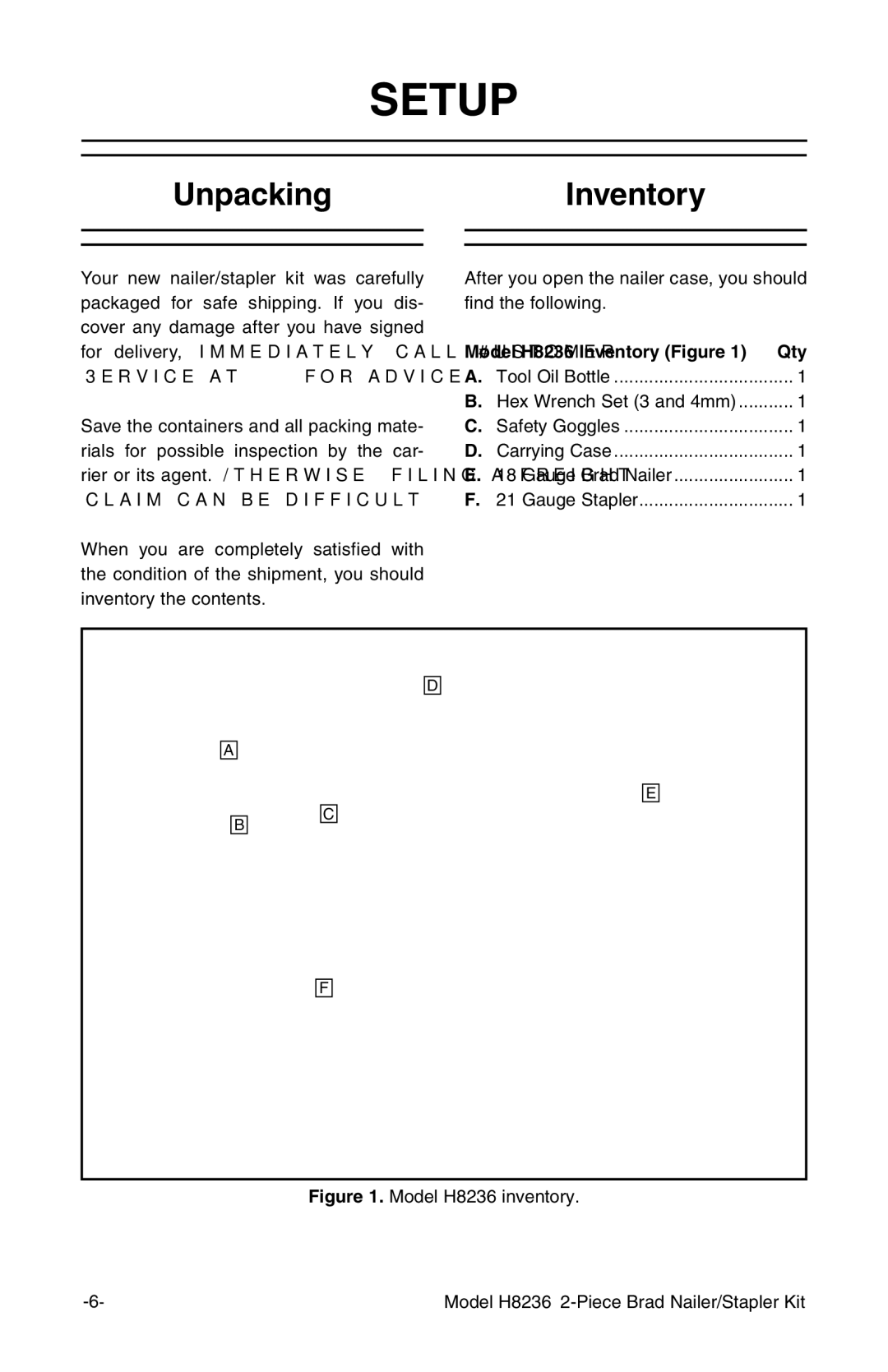 Grizzly owner manual Setup, UnpackingInventory, Model H8236 Inventory Figure Qty 