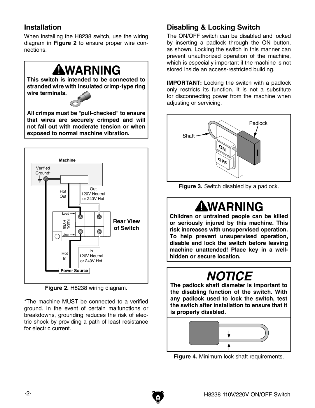 Grizzly H8238 specifications Installation, Disabling & Locking Switch 