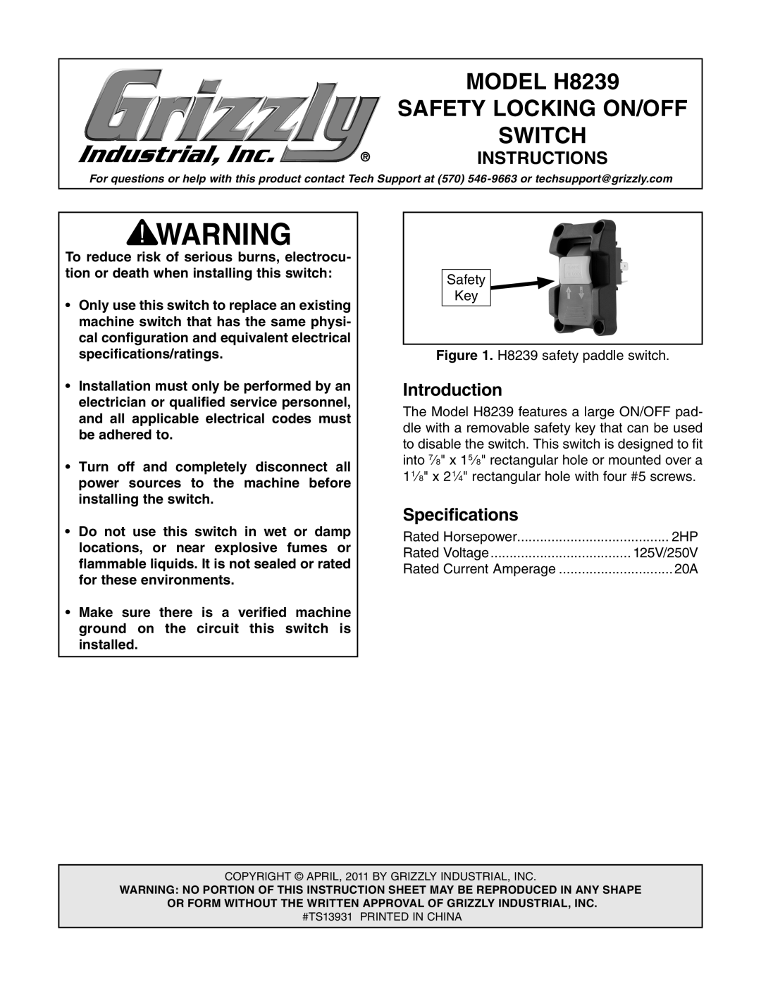 Grizzly specifications Introduction, Specifications, MODEL H8239, Safety Locking On/Off, Switch, Instructions 