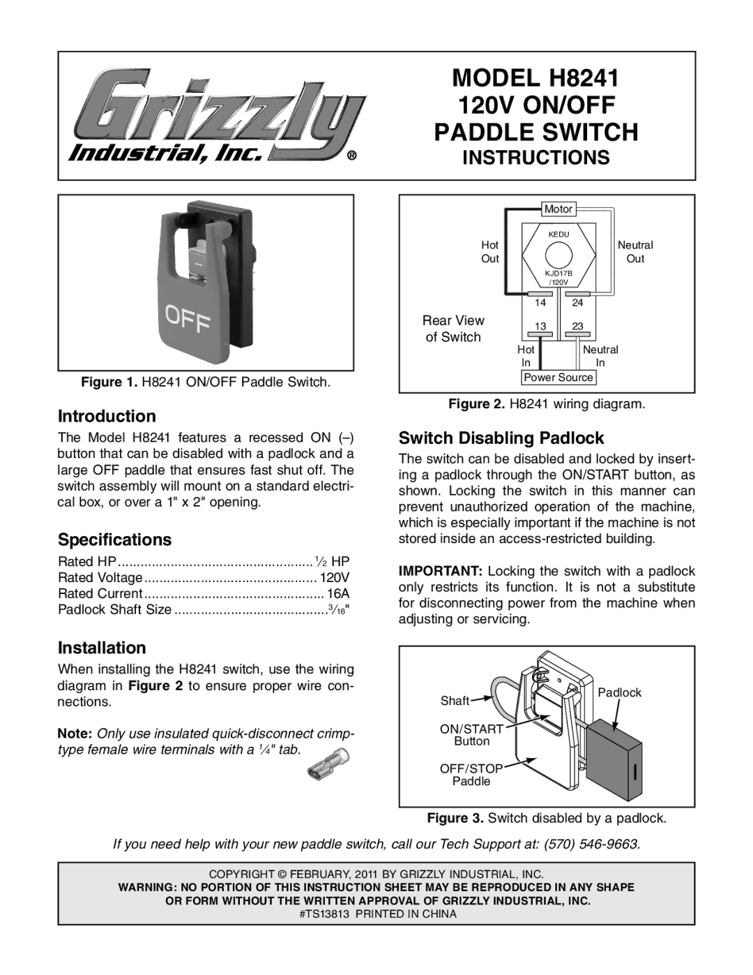 Grizzly specifications Model H8241, 120V ON/OFF, Paddle Switch, Instructions 