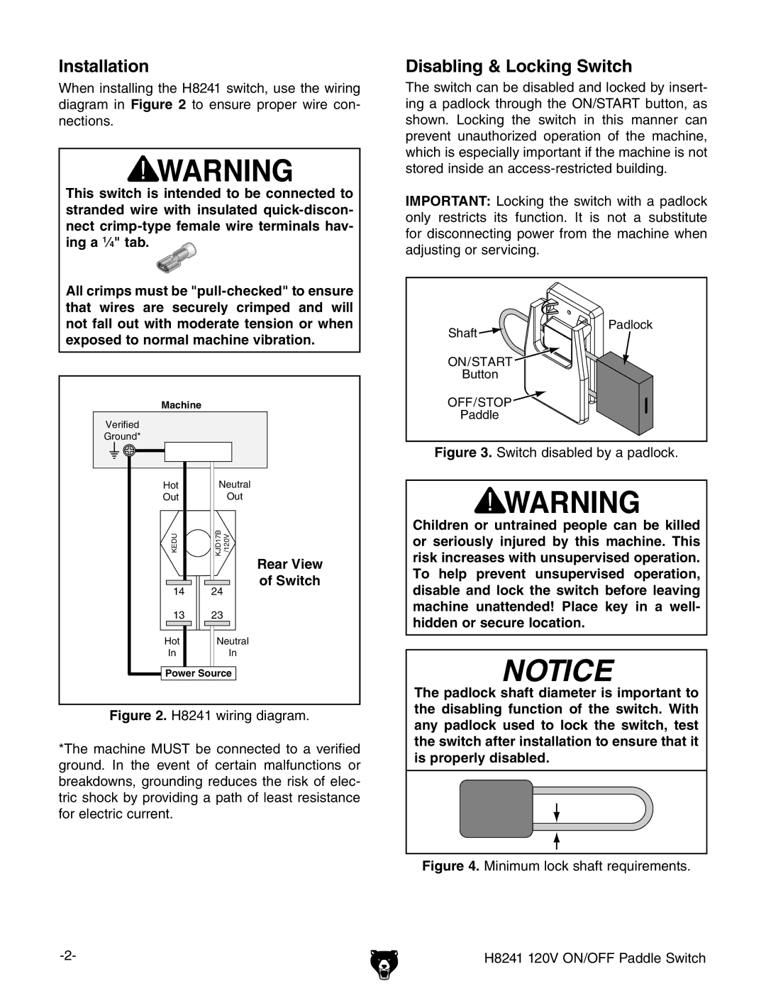 Grizzly H8241 specifications Installation, Disabling & Locking Switch 