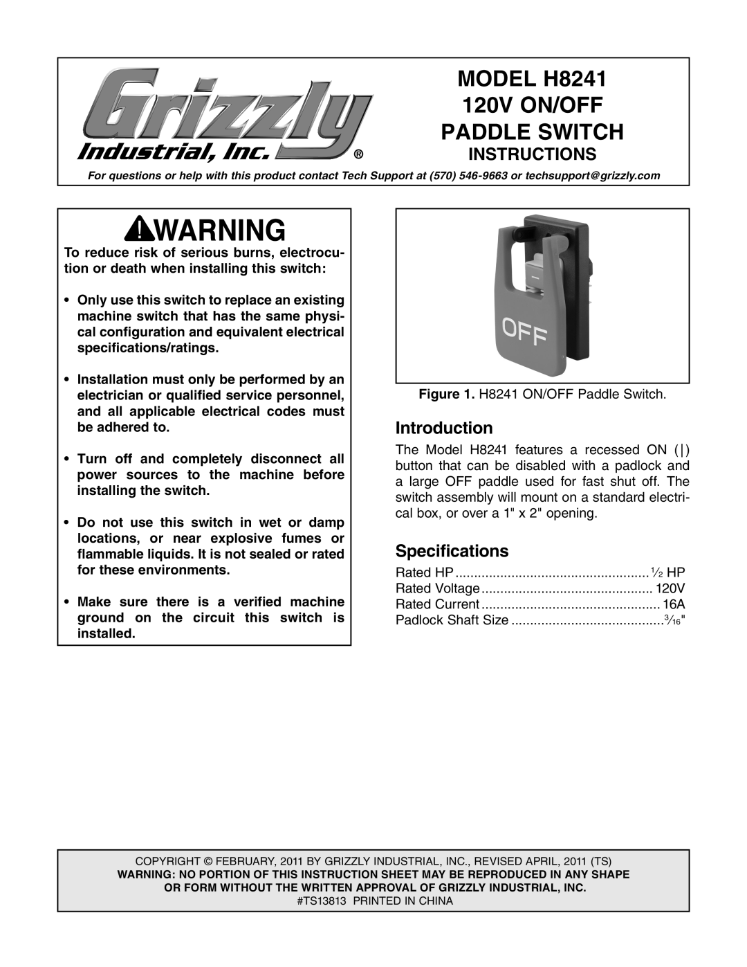Grizzly specifications Introduction, Specifications, MODEL H8241, 120V ON/OFF, Paddle Switch, Instructions 