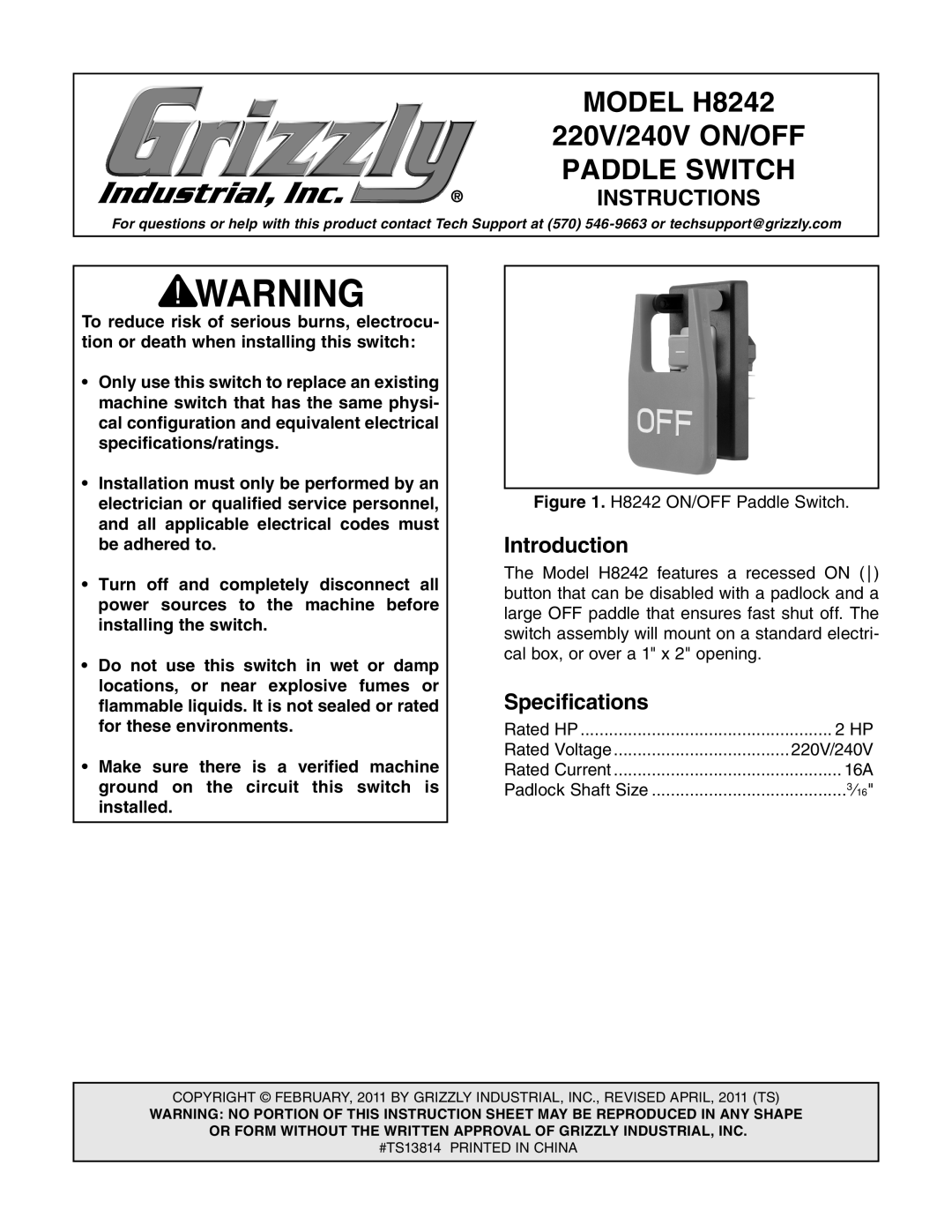 Grizzly specifications Model H8242, Paddle Switch, Introduction, Specifications, Instructions 