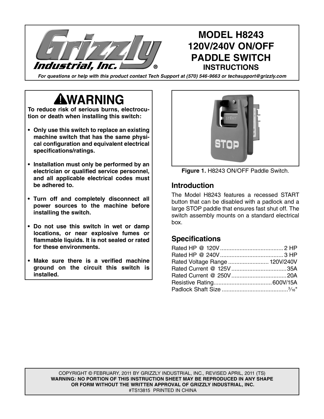 Grizzly specifications Model H8243, Paddle Switch, Introduction, Specifications, Instructions 