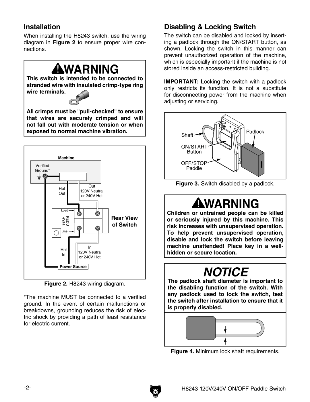 Grizzly H8243 specifications Installation, Disabling & Locking Switch 