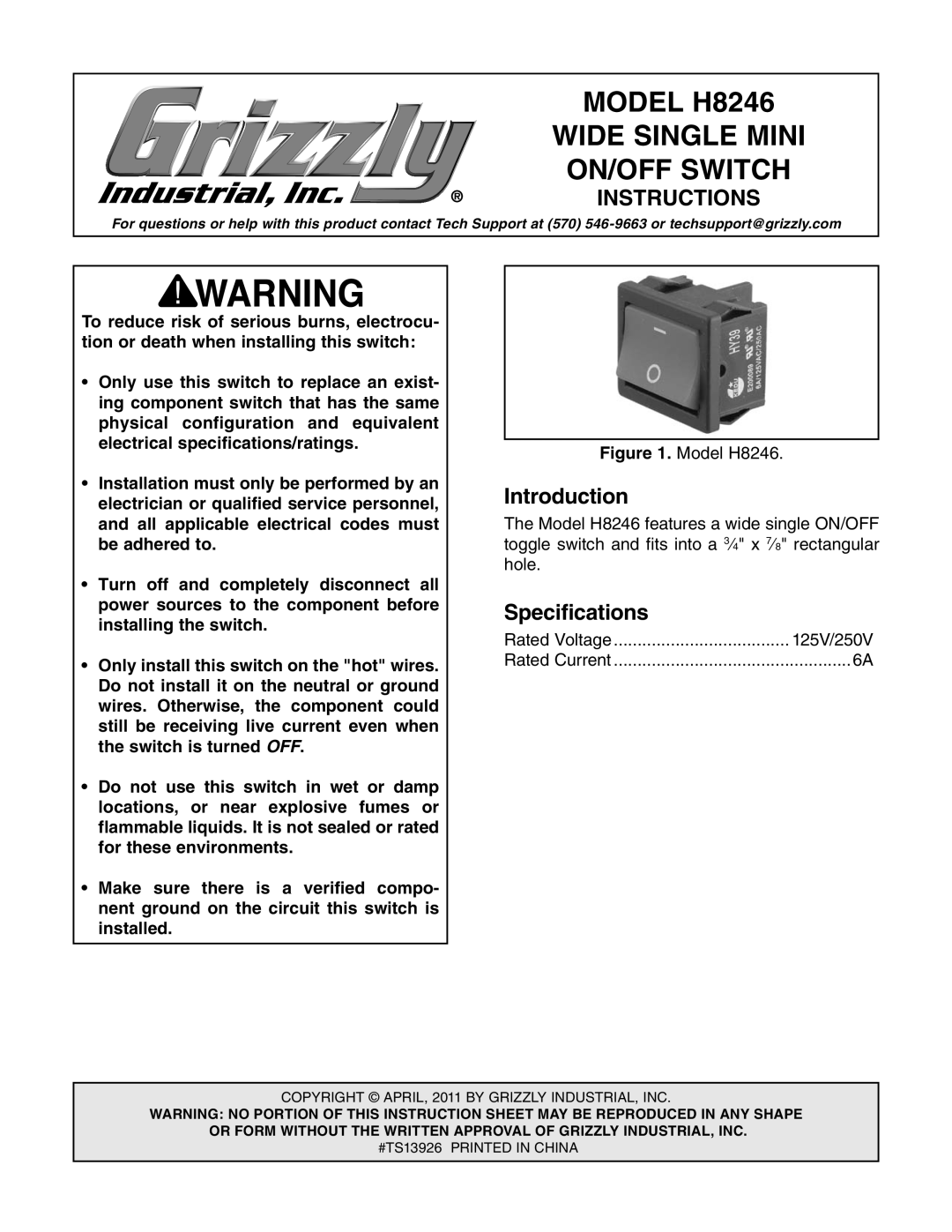 Grizzly specifications Introduction, Specifications, MODEL H8246, On/Off Switch, Wide Single Mini, Instructions 
