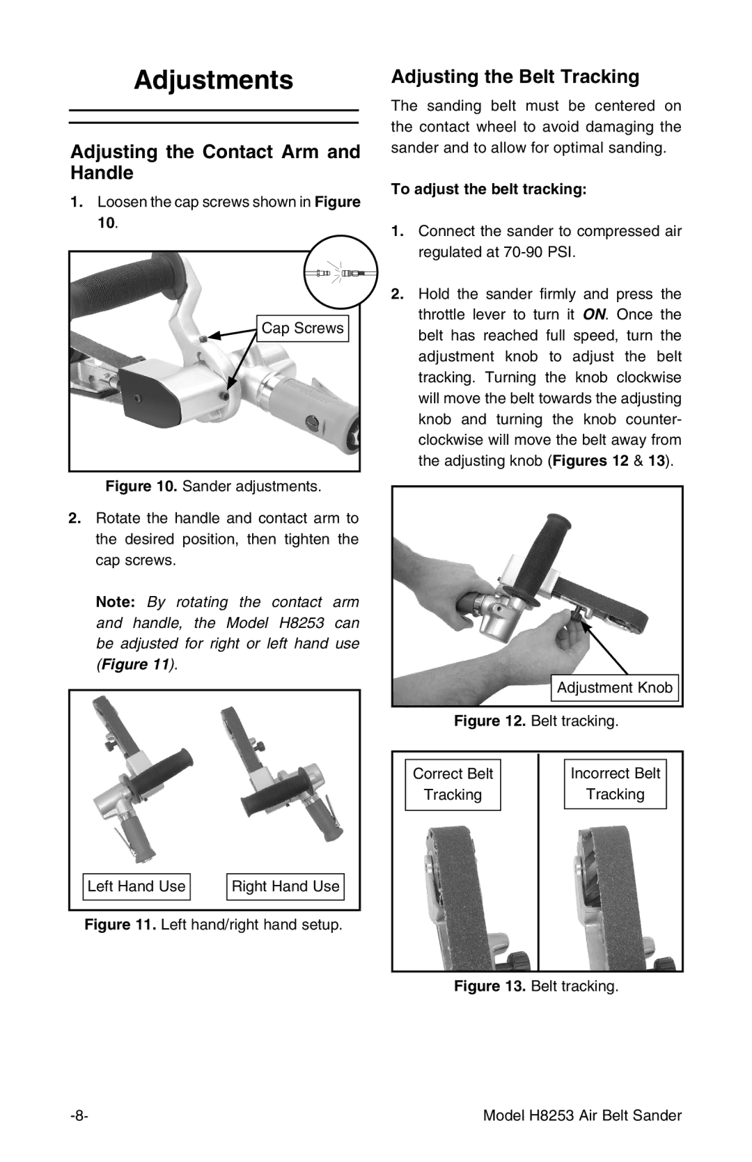 Grizzly H8253 instruction manual Adjustments, Adjusting the Contact Arm and Handle, Adjusting the Belt Tracking 