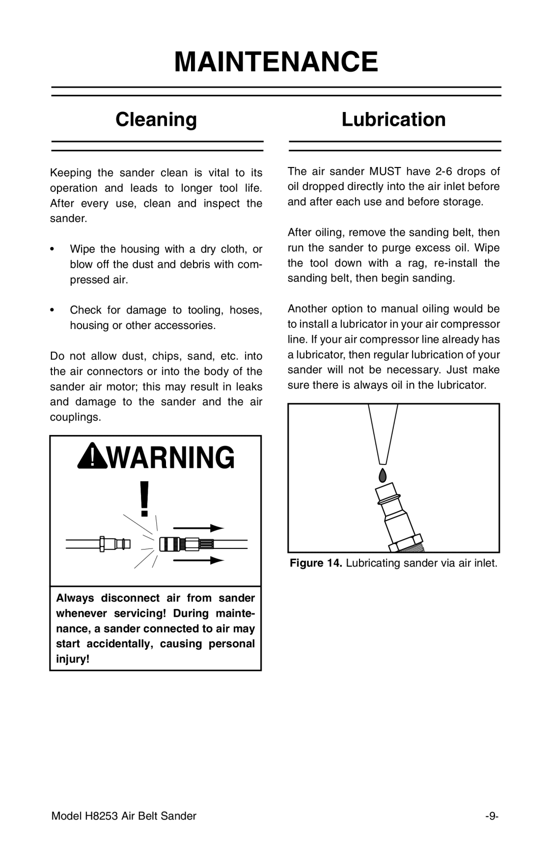 Grizzly H8253 instruction manual Maintenance, CleaningLubrication 