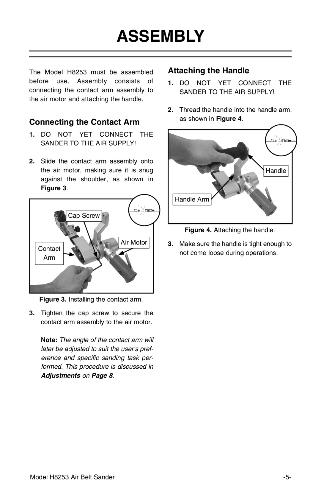 Grizzly H8253 instruction manual Assembly, Connecting the Contact Arm, Attaching the Handle 