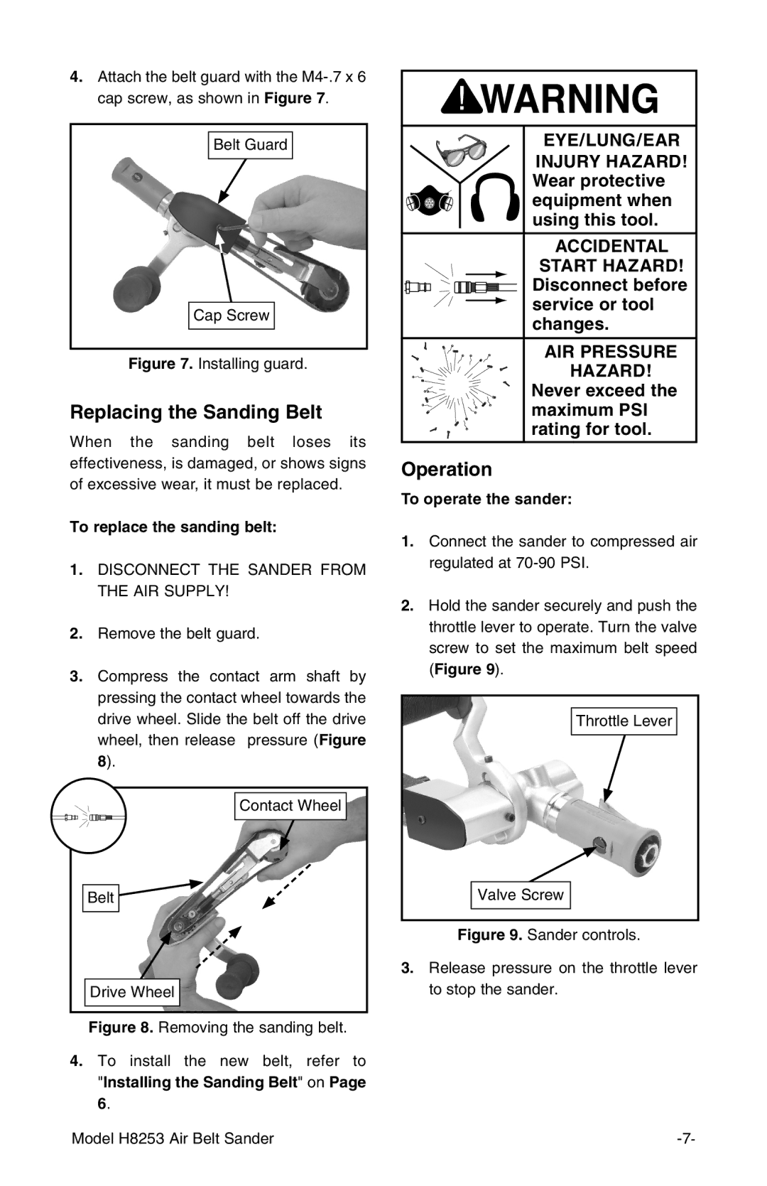 Grizzly H8253 instruction manual Replacing the Sanding Belt, Operation 