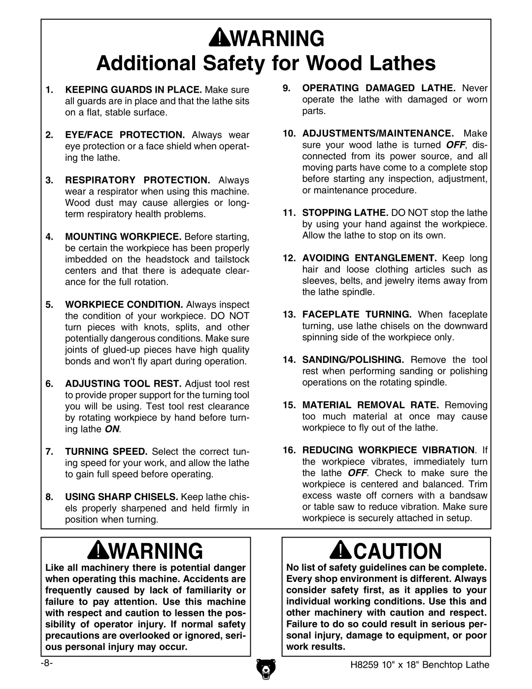 Grizzly H8259 owner manual Additional Safety for Wood Lathes 