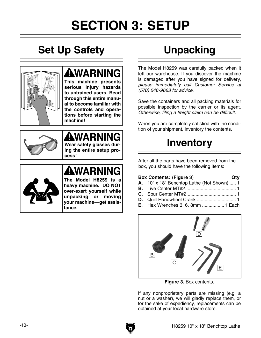 Grizzly H8259 owner manual Setup, Set Up Safety Unpacking, Inventory, Box Contents Figure Qty 