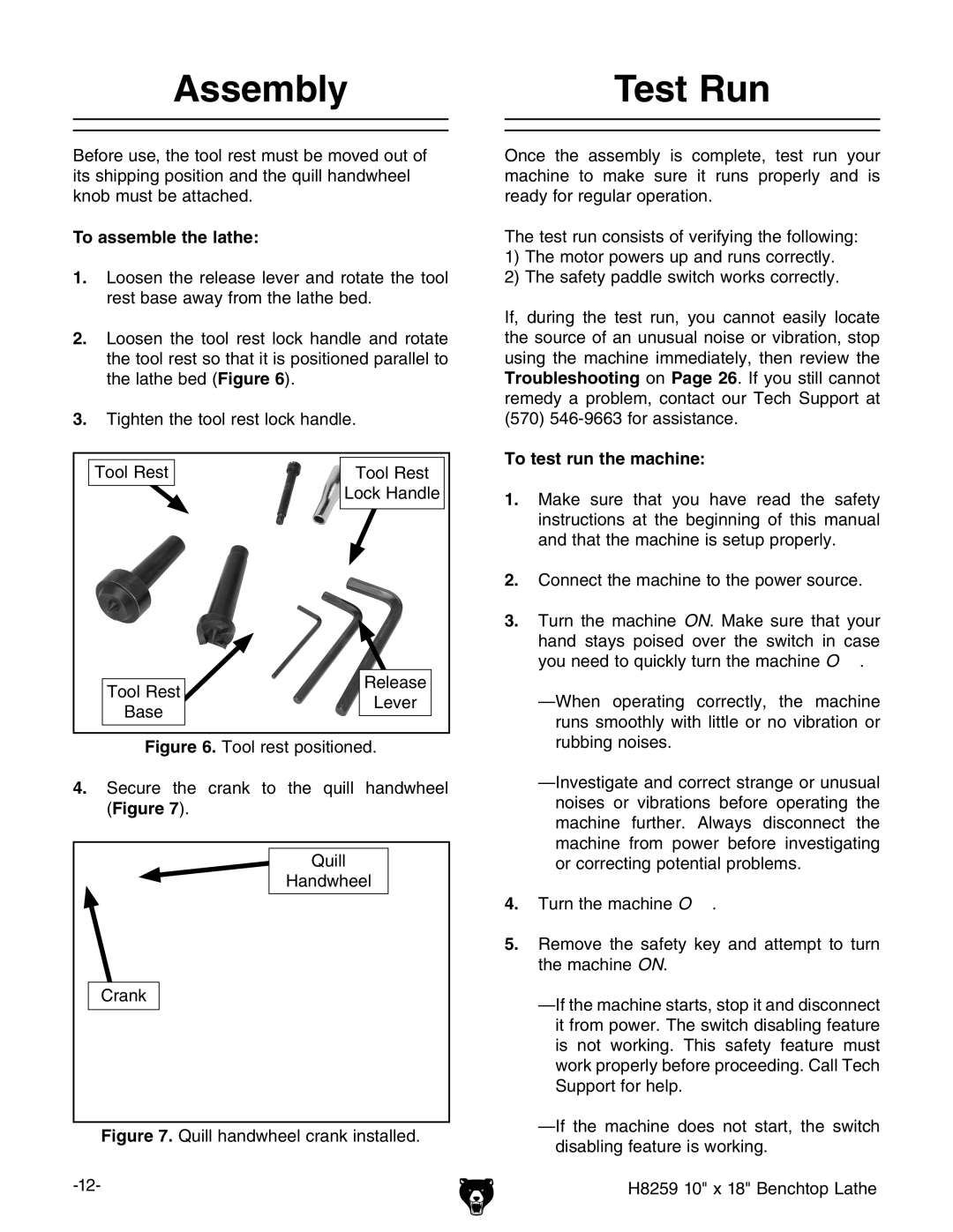 Grizzly H8259 owner manual Assembly Test Run, To assemble the lathe, To test run the machine 