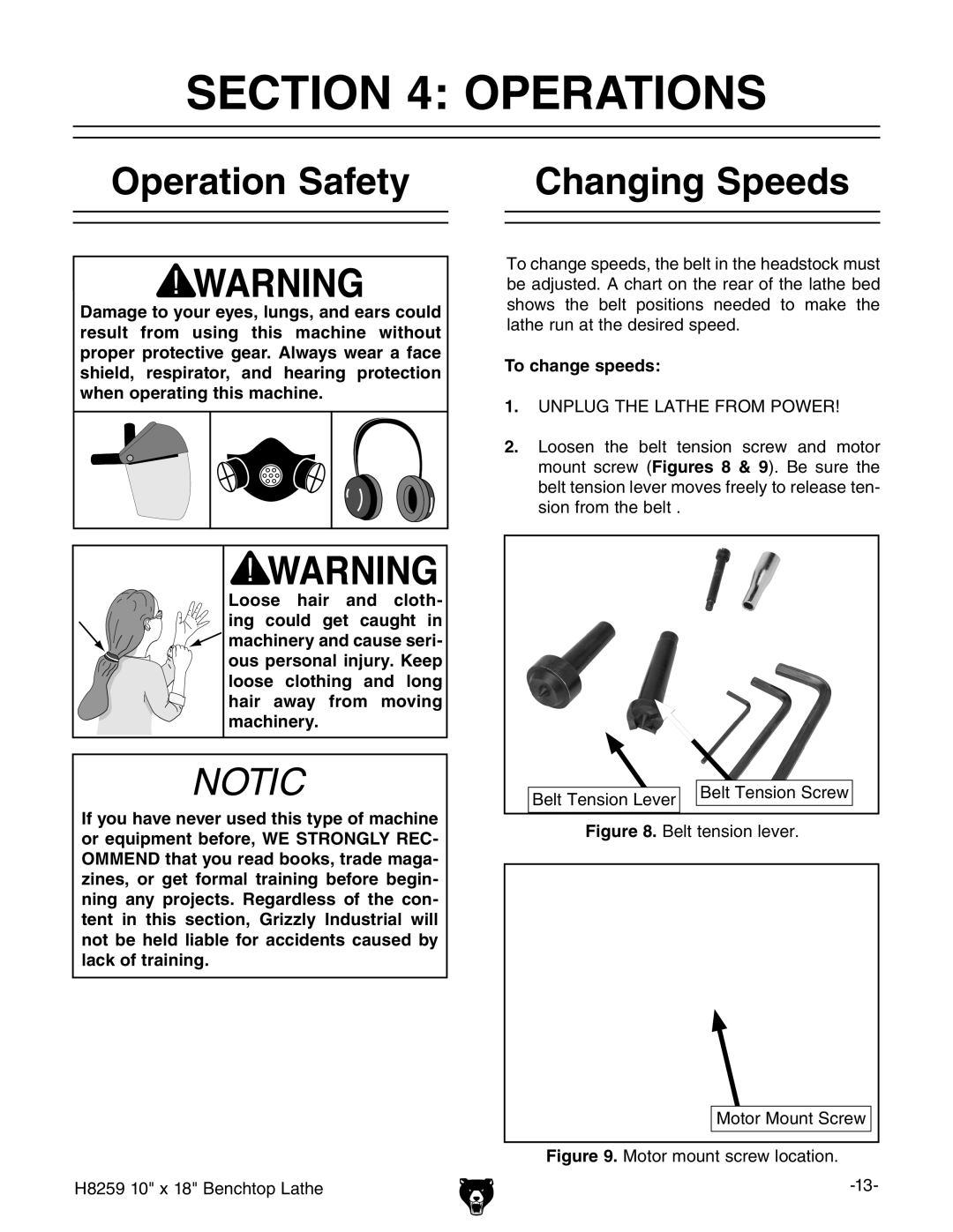 Grizzly H8259 owner manual Operations, Operation Safety, Changing Speeds, To change speeds 