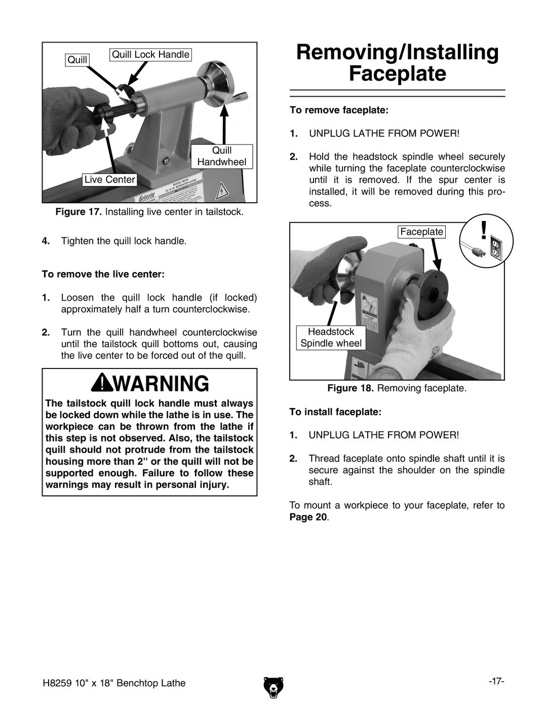 Grizzly H8259 Removing/Installing Faceplate, To remove the live center, To remove faceplate, To install faceplate 