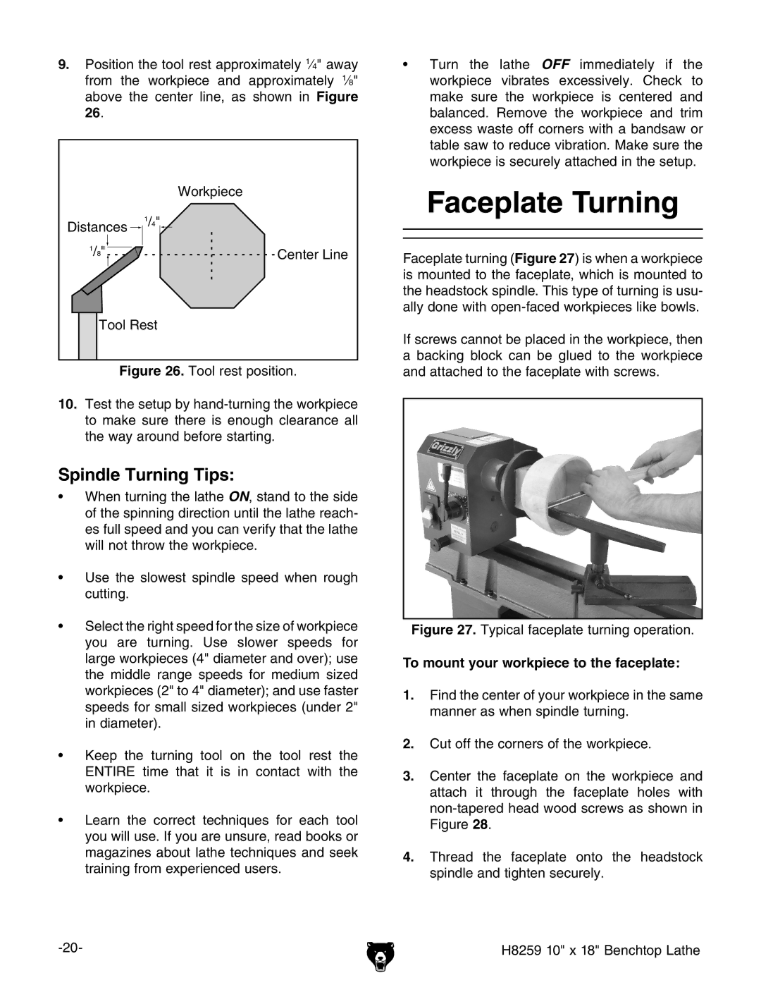 Grizzly H8259 owner manual Faceplate Turning, To mount your workpiece to the faceplate 