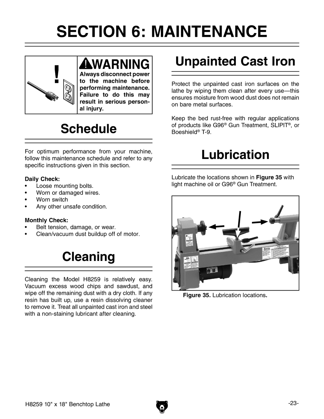 Grizzly H8259 owner manual Maintenance, Schedule, Cleaning, Unpainted Cast Iron, Lubrication 