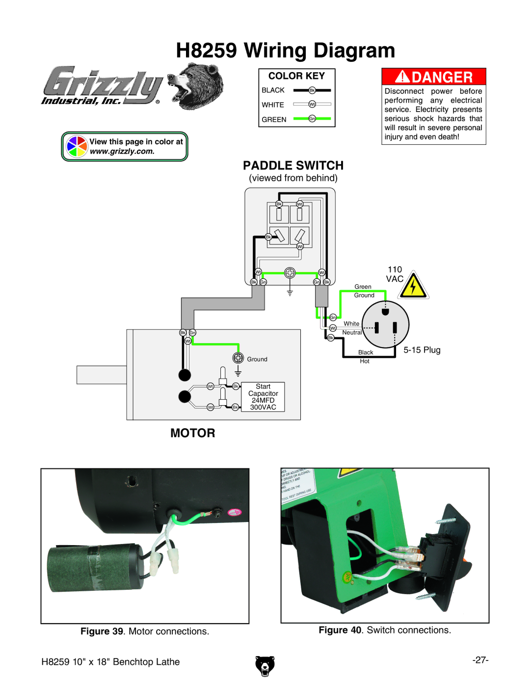 Grizzly owner manual H8259 Wiring Diagram, Motor connections H8259 10 x 18 Benchtop Lathe 