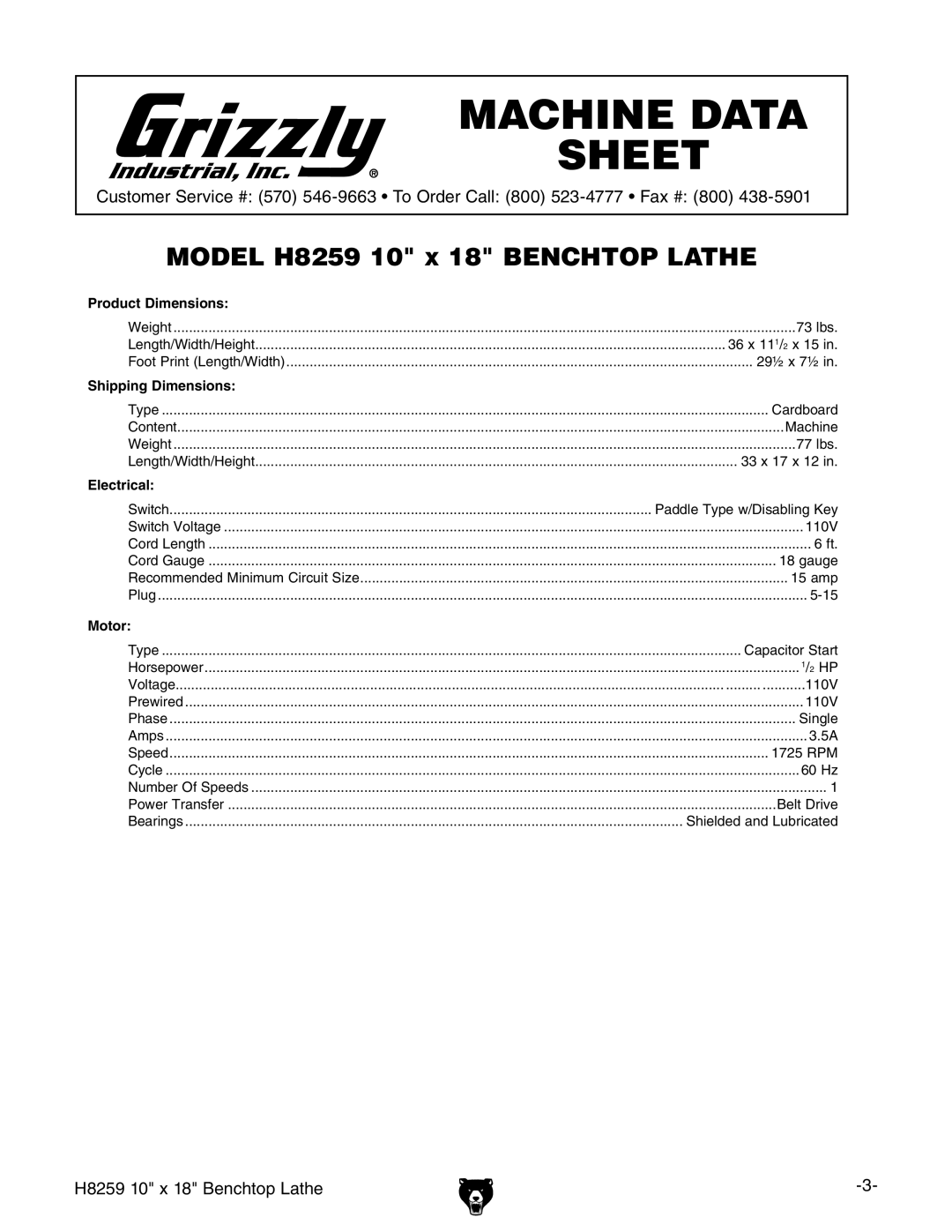 Grizzly owner manual H8259 10 x 18 Benchtop Lathe 