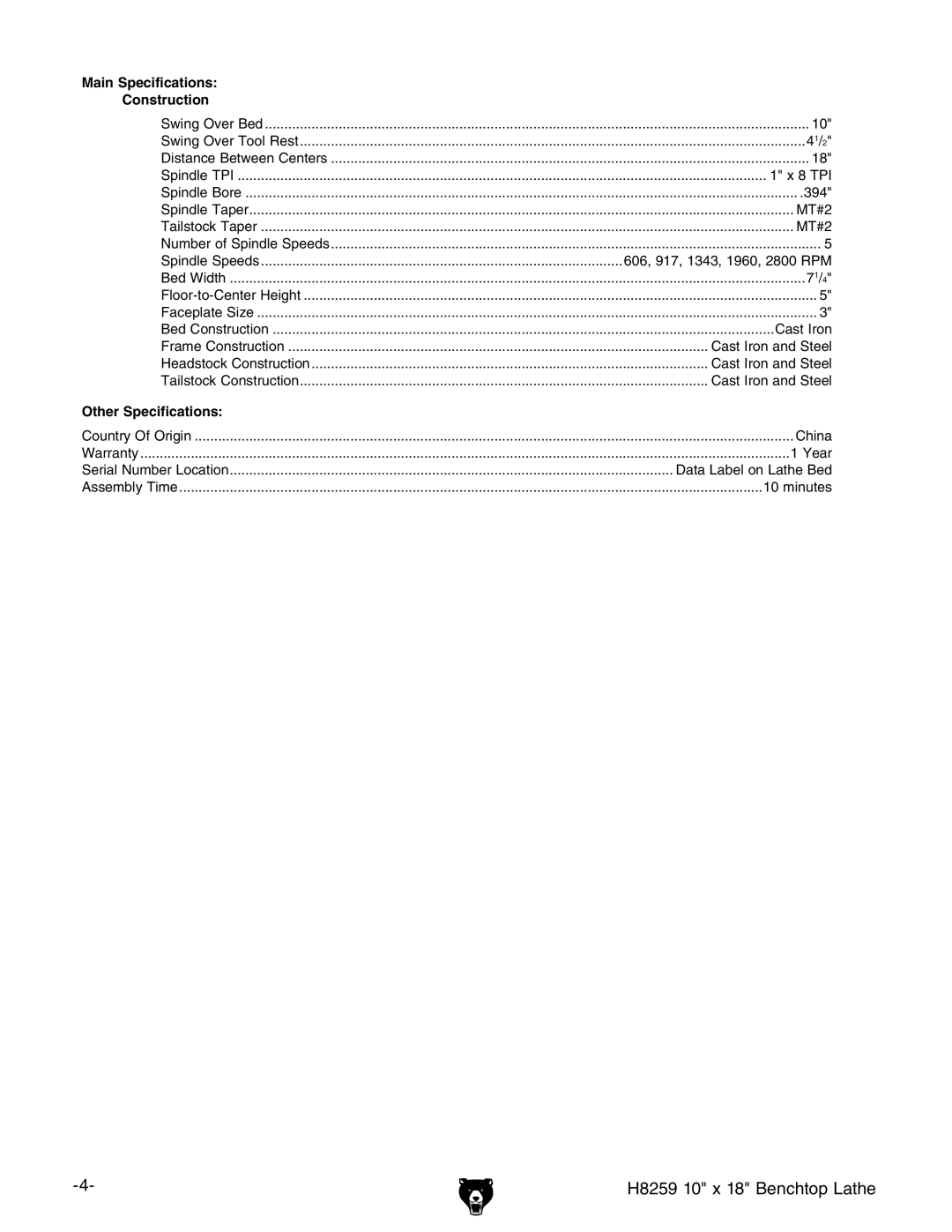 Grizzly owner manual H8259 10 x 18 Benchtop Lathe 