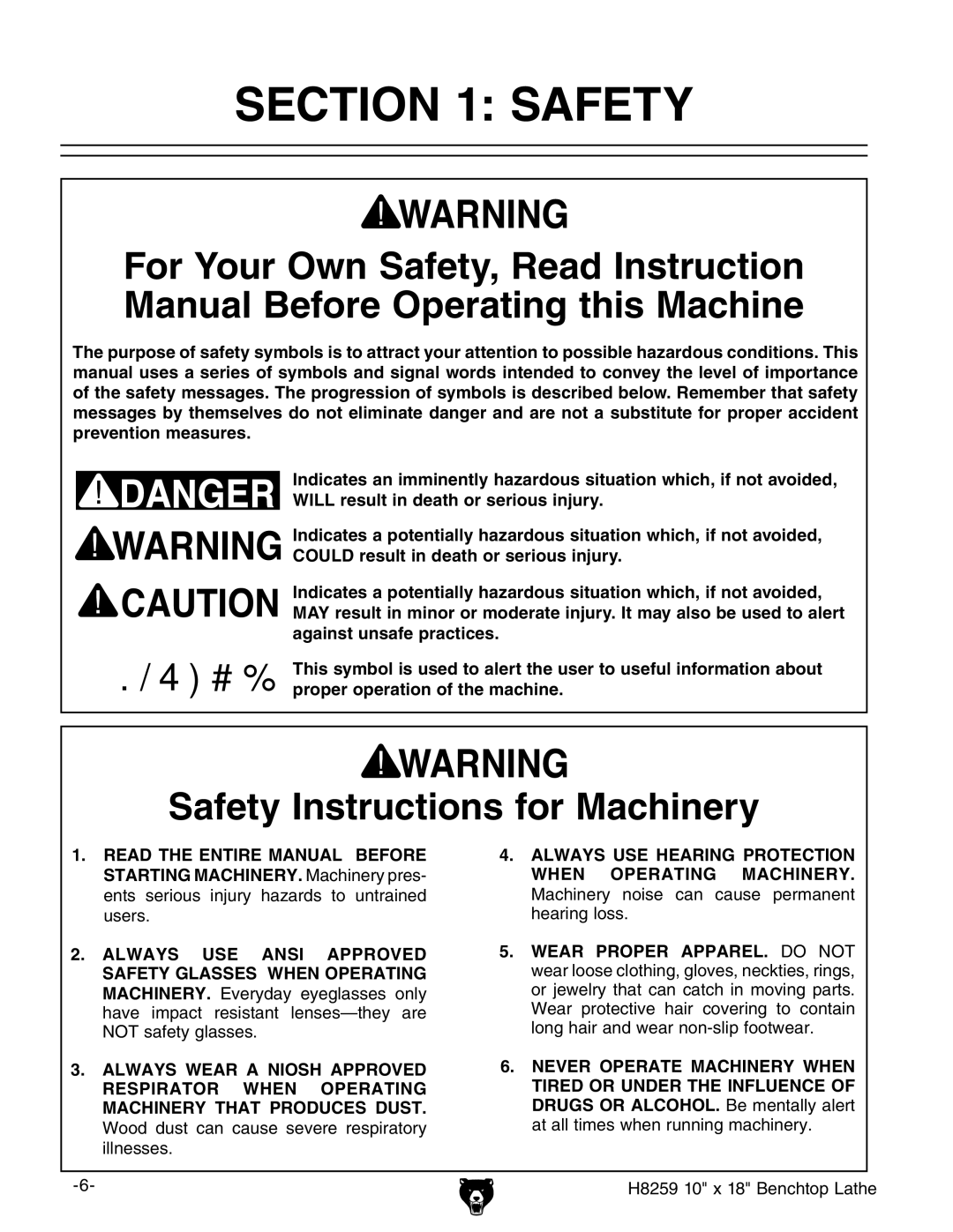 Grizzly owner manual H8259 10 x 18 Benchtop Lathe 