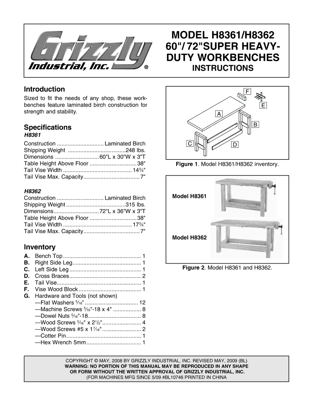 Grizzly H8361 specifications Introduction, Specifications, Inventory 