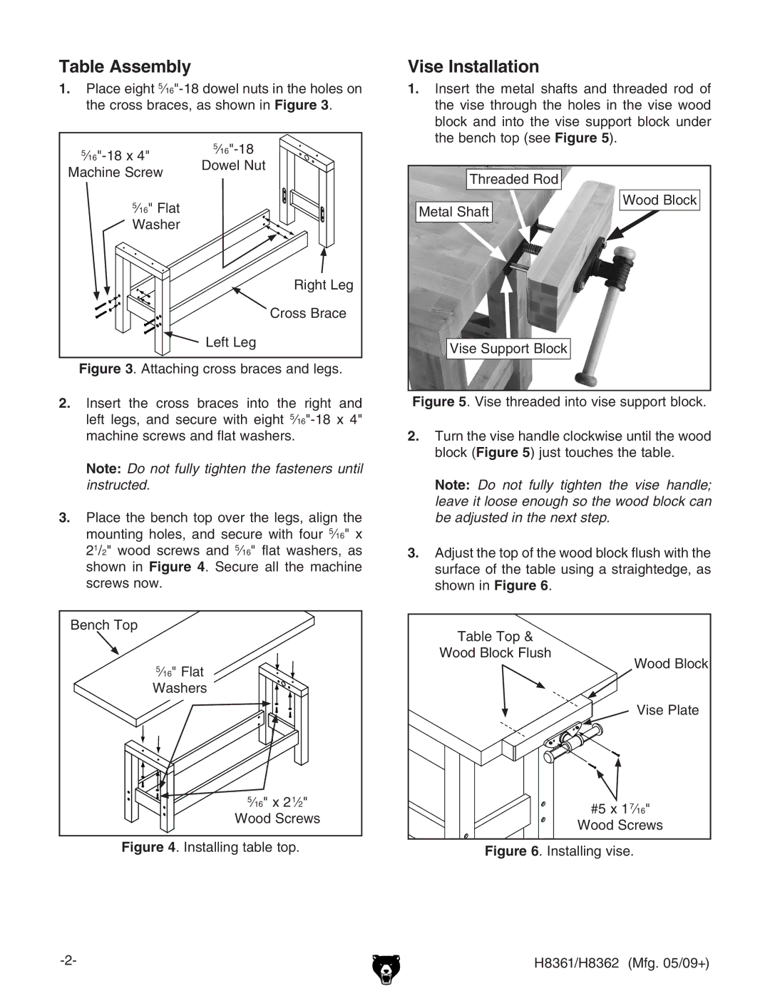 Grizzly H8361 specifications Table Assembly, Vise Installation 