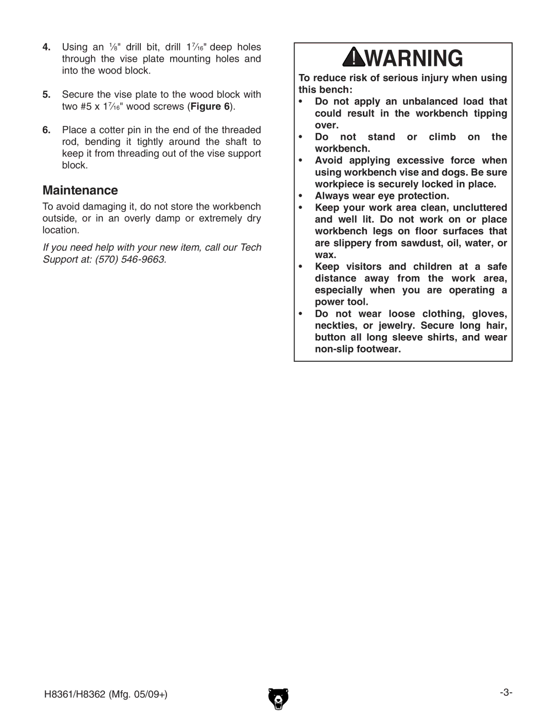 Grizzly H8361 specifications Maintenance 